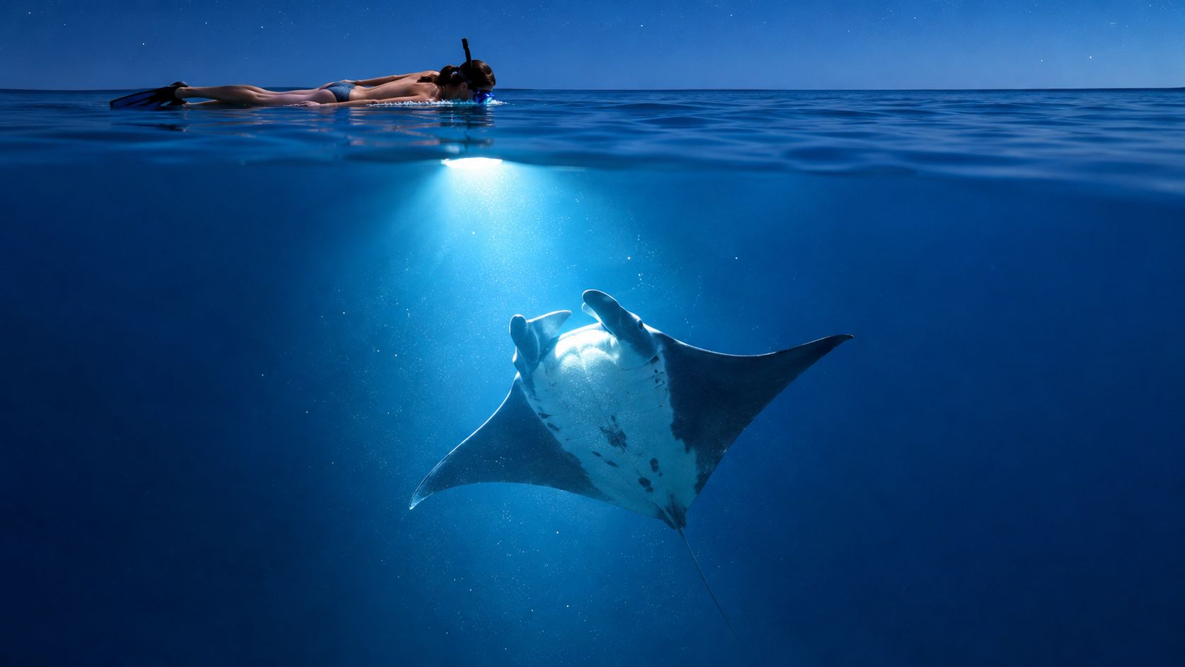 A snorkeler floats on the water surface while a manta ray swims gracefully in the deep blue ocean.