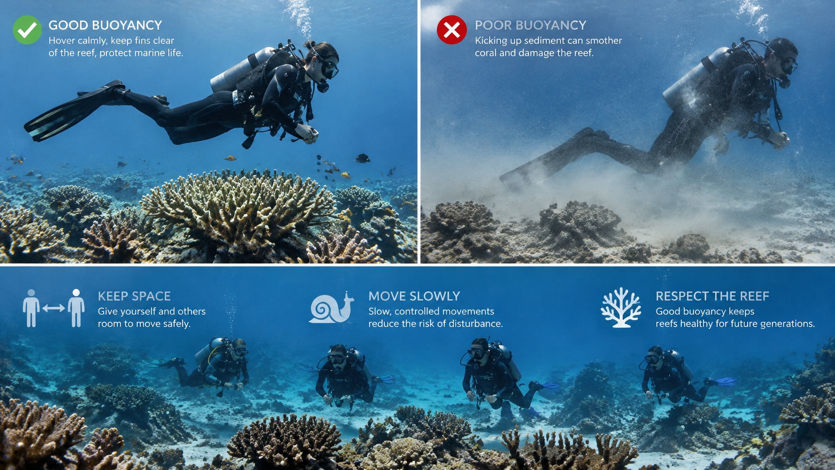 An educational infographic showing divers demonstrating good and poor buoyancy techniques while swimming over coral reefs.