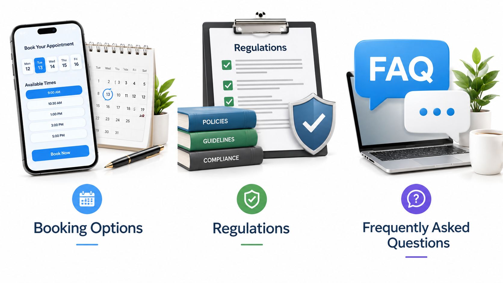 Three icons representing online appointment booking, regulatory compliance documentation, and a frequently asked questions support portal.