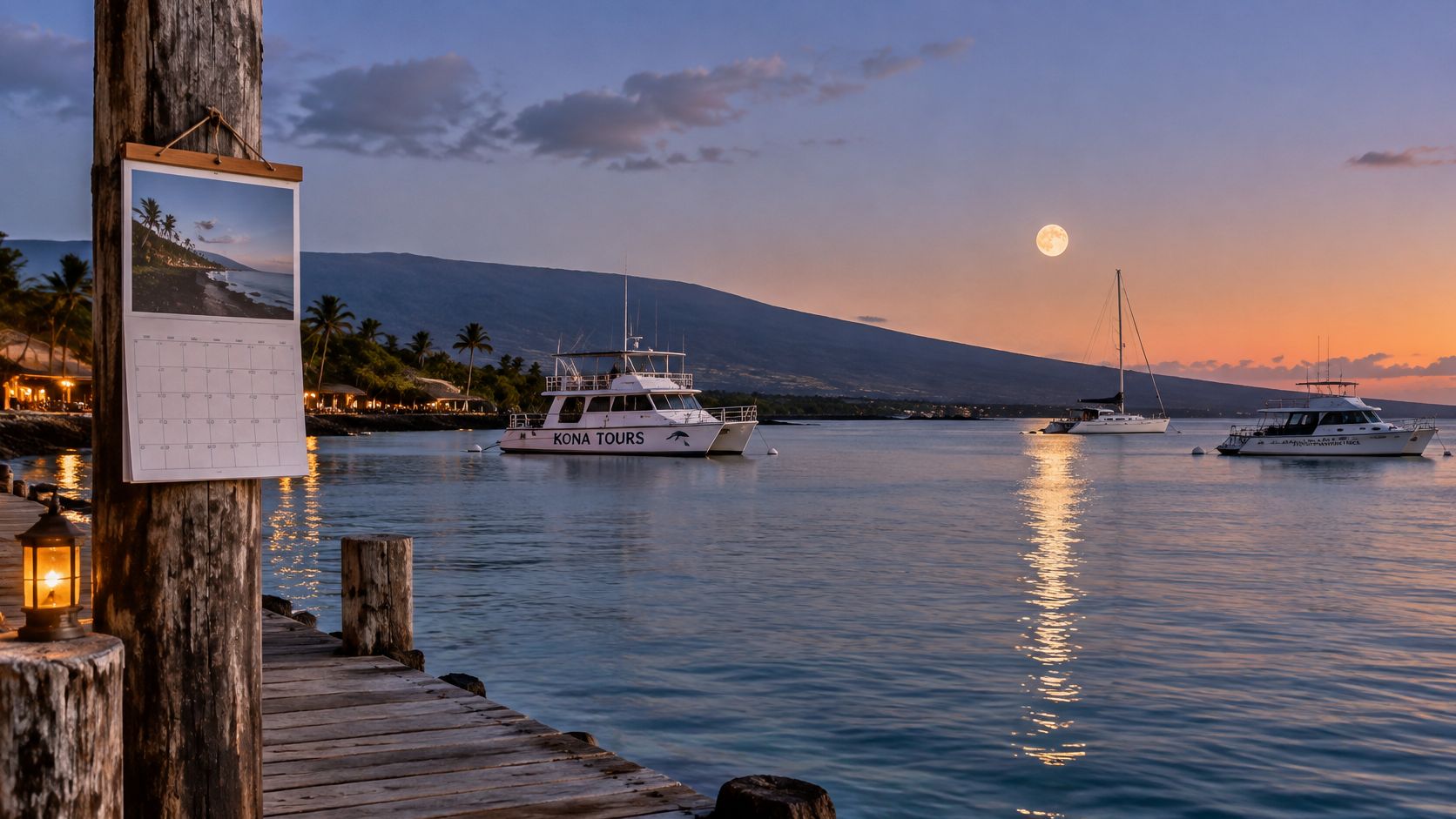 A serene tropical harbor at twilight with boats anchored under a full moon and mountain backdrop.