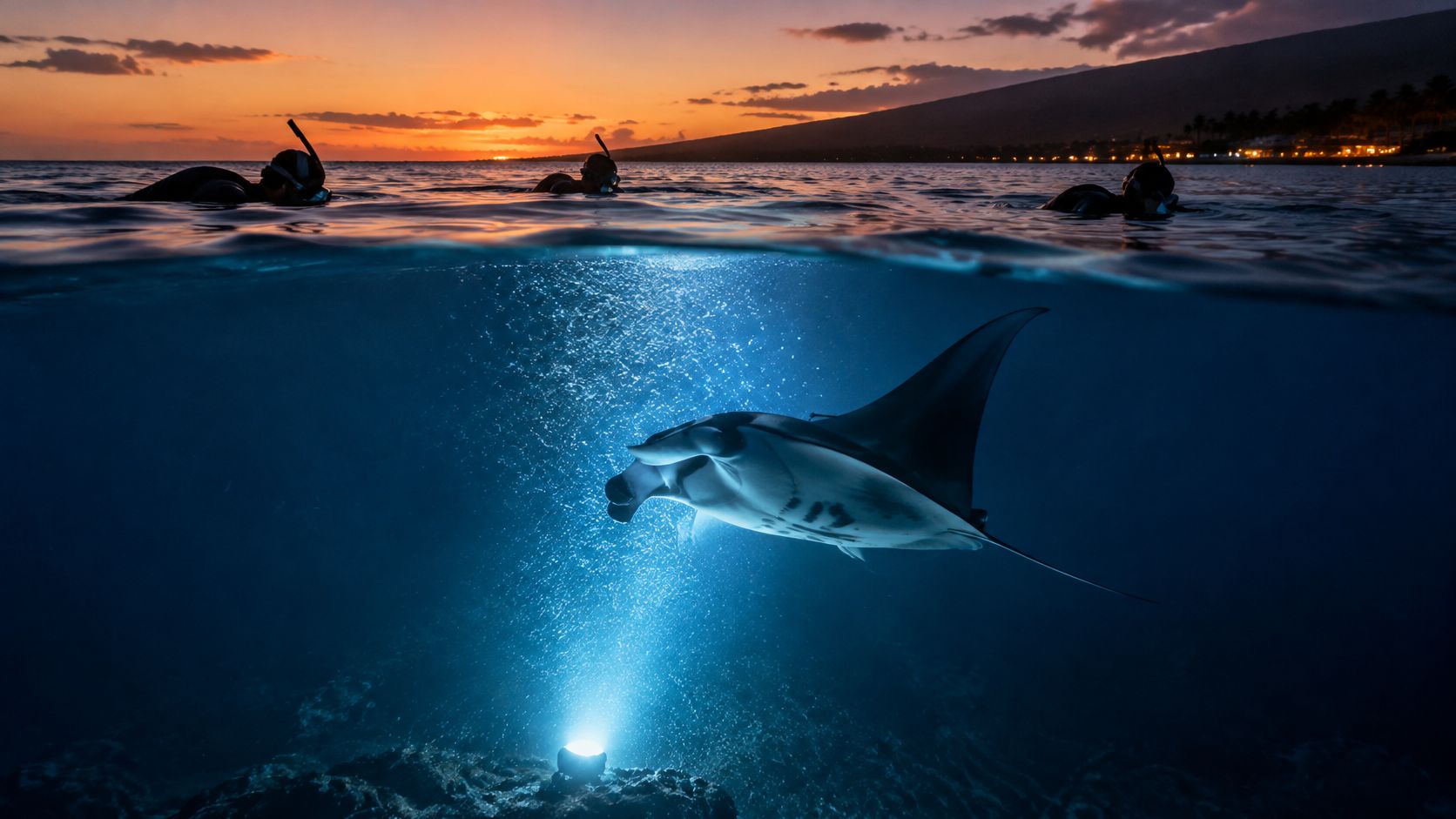 A majestic manta ray swimming over a bright underwater light at dusk while snorkelers watch above.