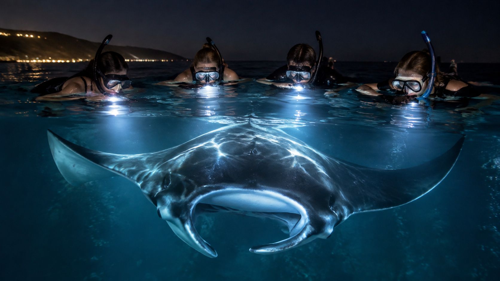 A group of snorkelers swimming in the ocean at night with a large manta ray beneath them.
