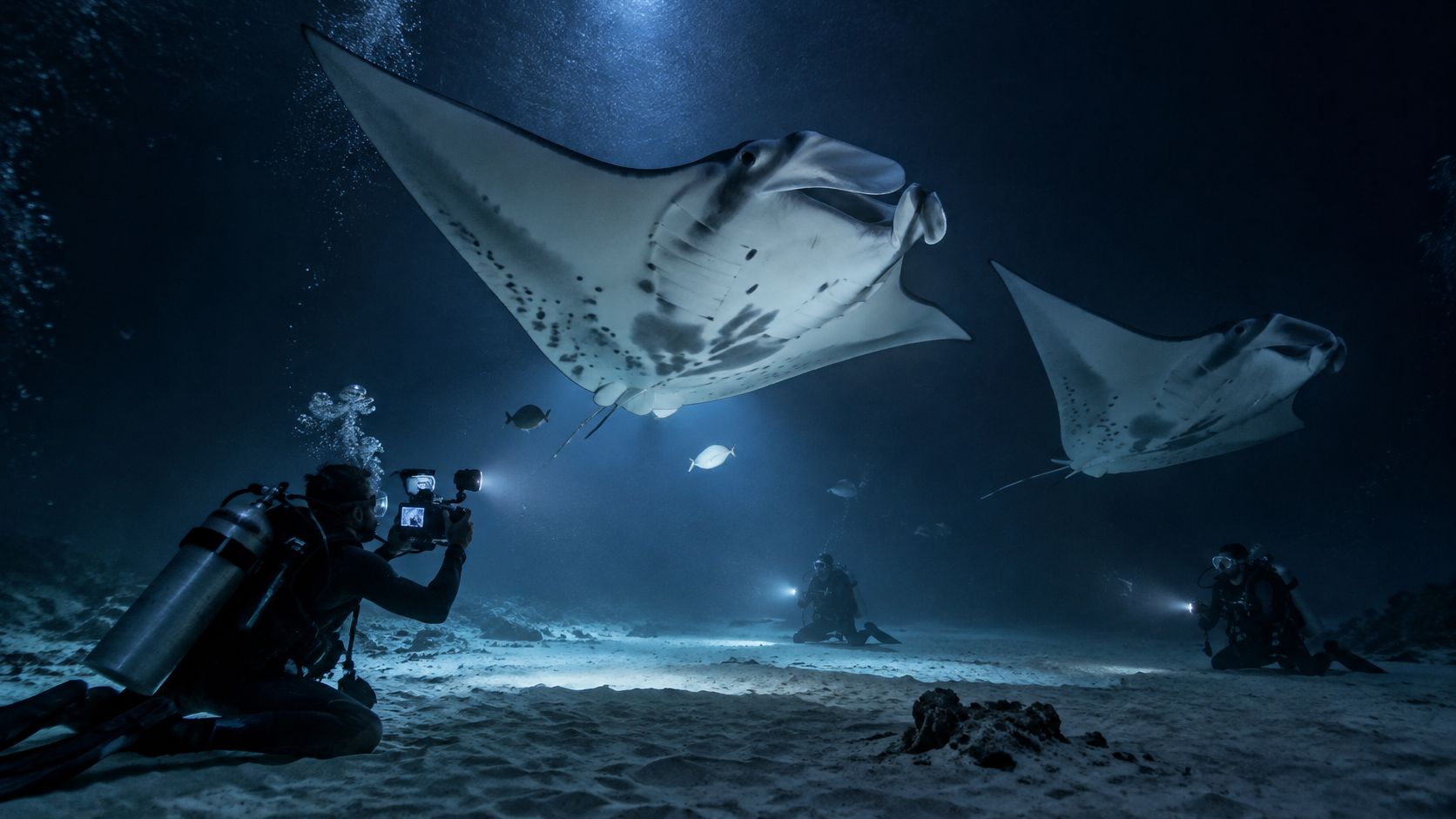 Scuba divers use underwater lights to photograph majestic manta rays swimming in the dark ocean at night.