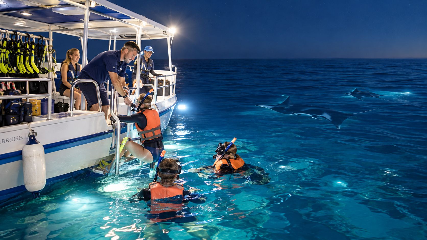 Tourists preparing to snorkel with manta rays at night off the back of a boat in the ocean.