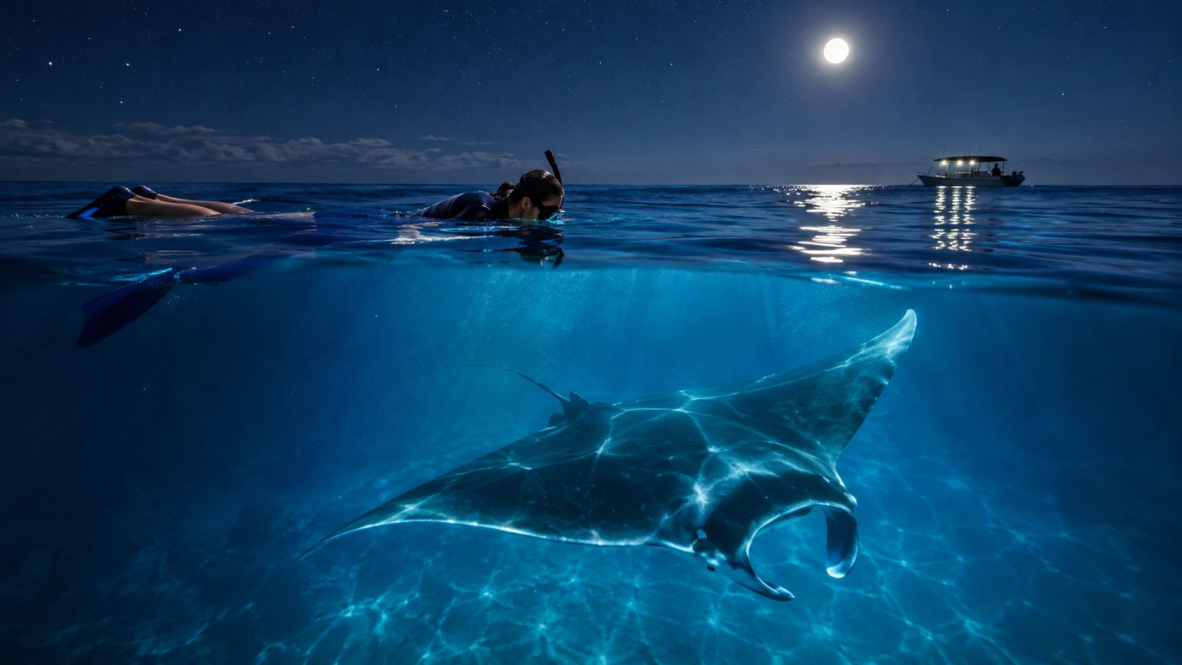 A snorkeler swims at night in clear ocean water alongside a large, graceful manta ray.