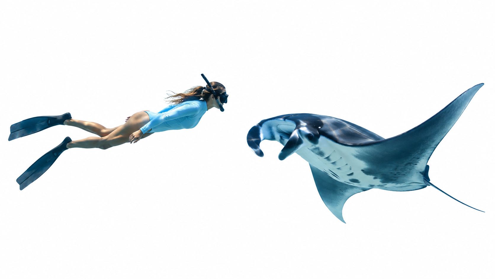 A woman snorkeling in a light blue swimsuit swims alongside a large manta ray underwater.