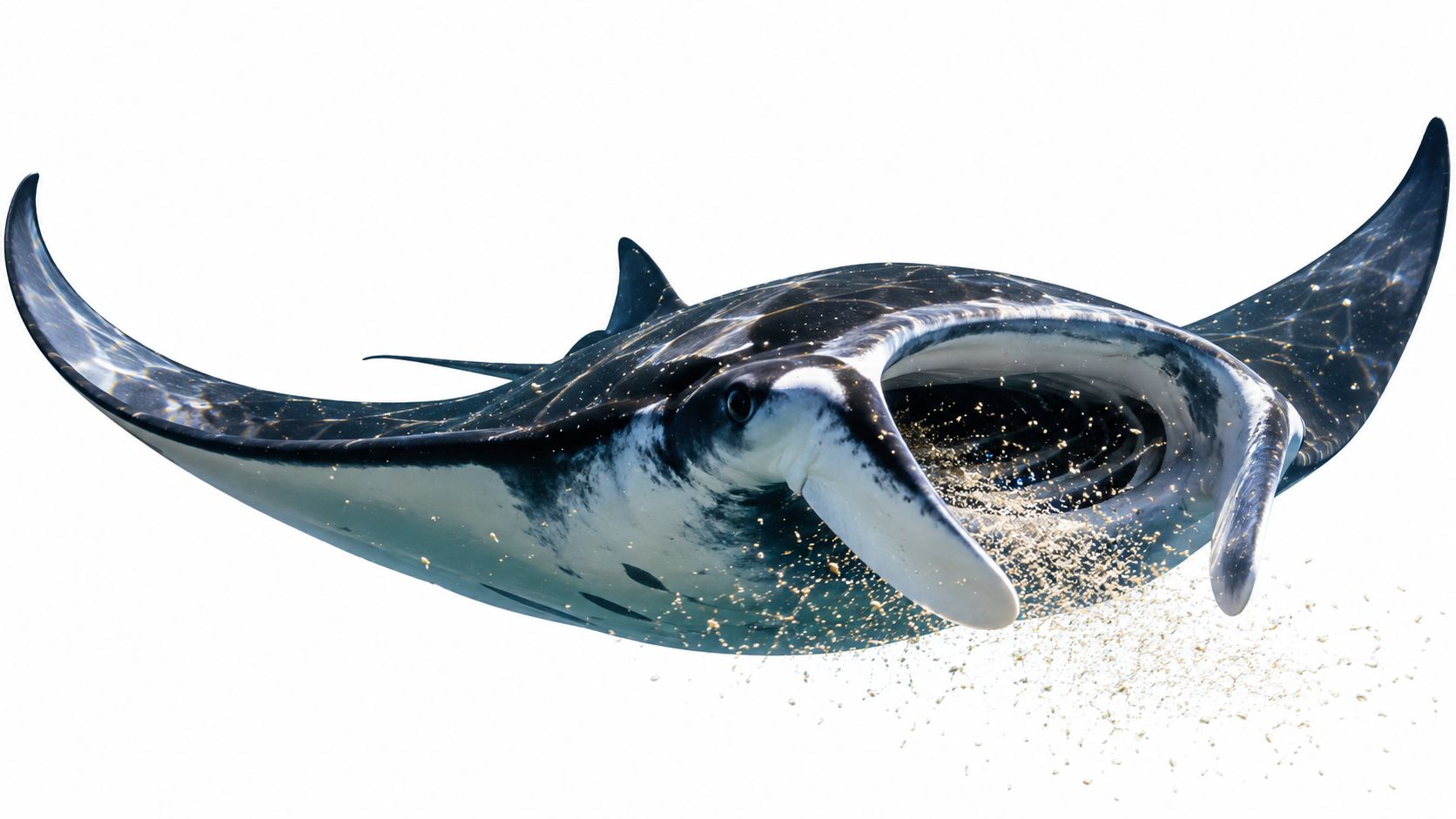 A majestic manta ray swimming through the ocean while filter feeding on small particles near the surface.