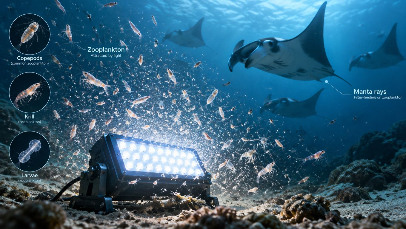 Underwater view of manta rays swimming near an artificial light attracting swarms of zooplankton in the ocean.
