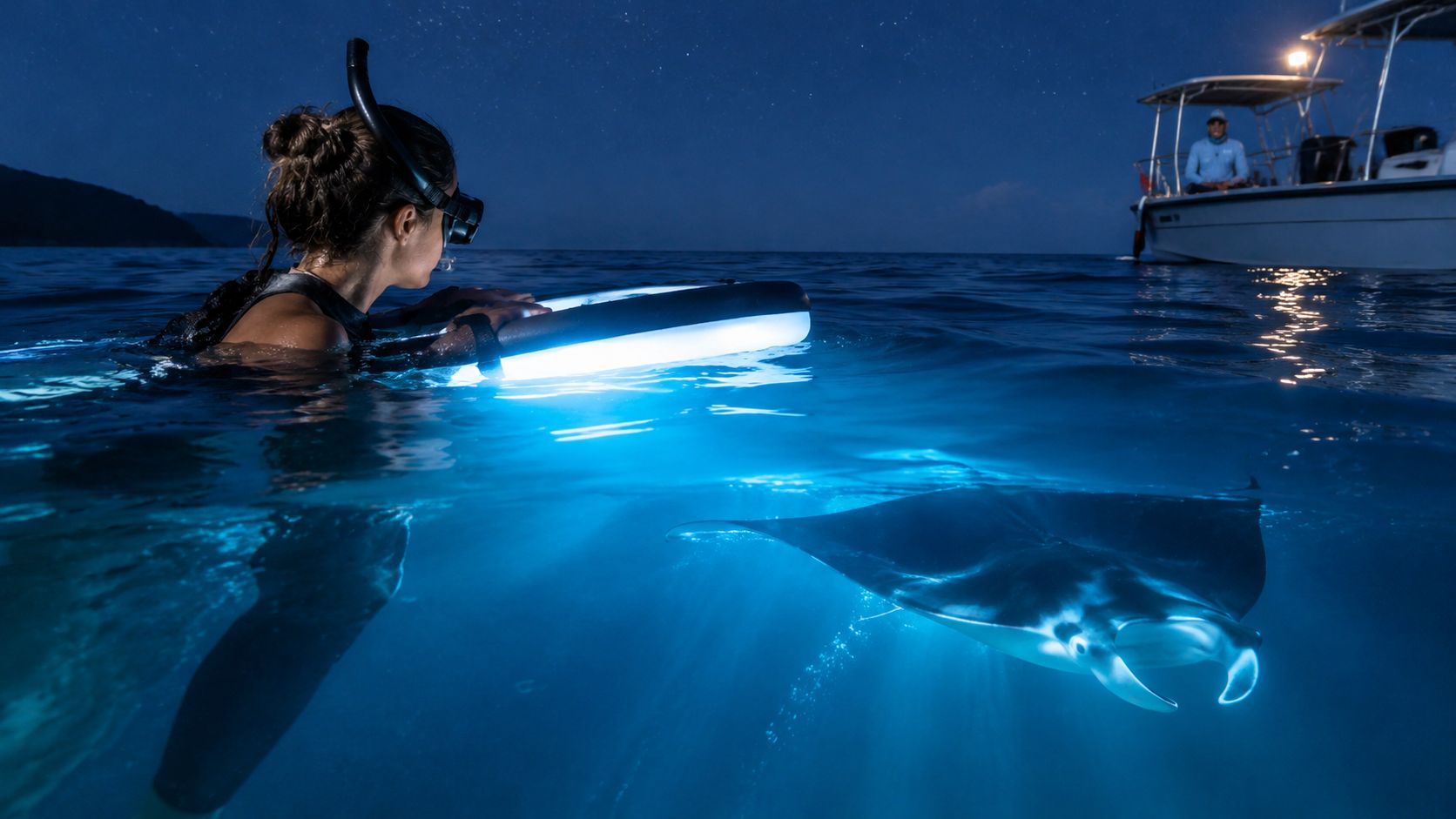 A snorkeler observing a manta ray illuminated by a glowing board during a night dive near a boat.