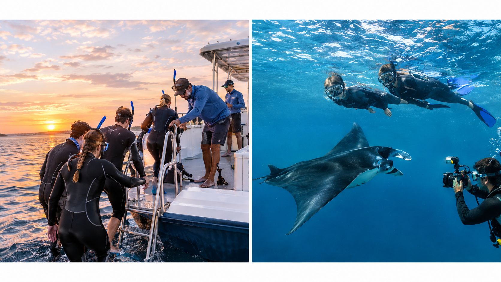 Divers preparing on a boat and swimming with a manta ray during a guided ocean excursion.