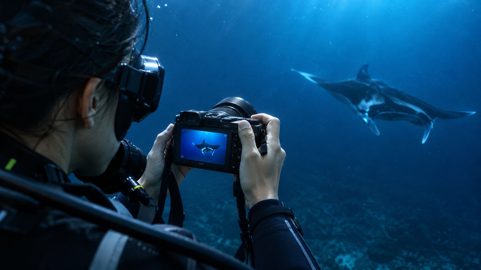 A scuba diver underwater takes a photograph of a majestic manta ray swimming in the deep ocean.