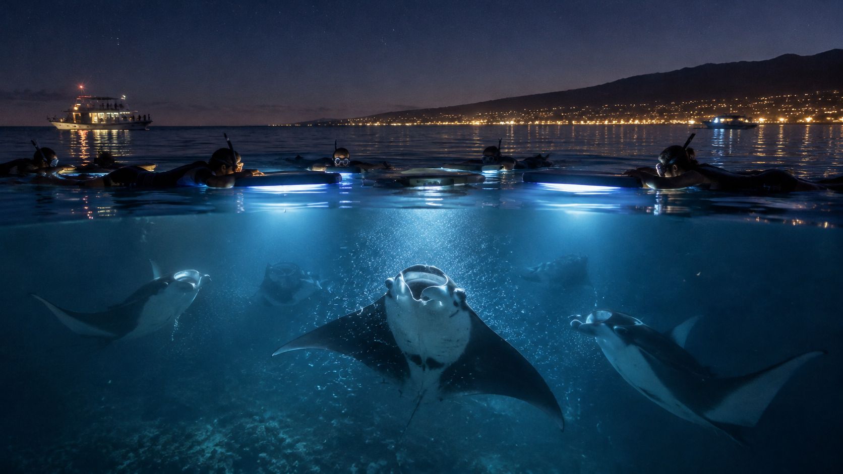 A group of snorkelers with illuminated boards observe manta rays feeding in the ocean at night.