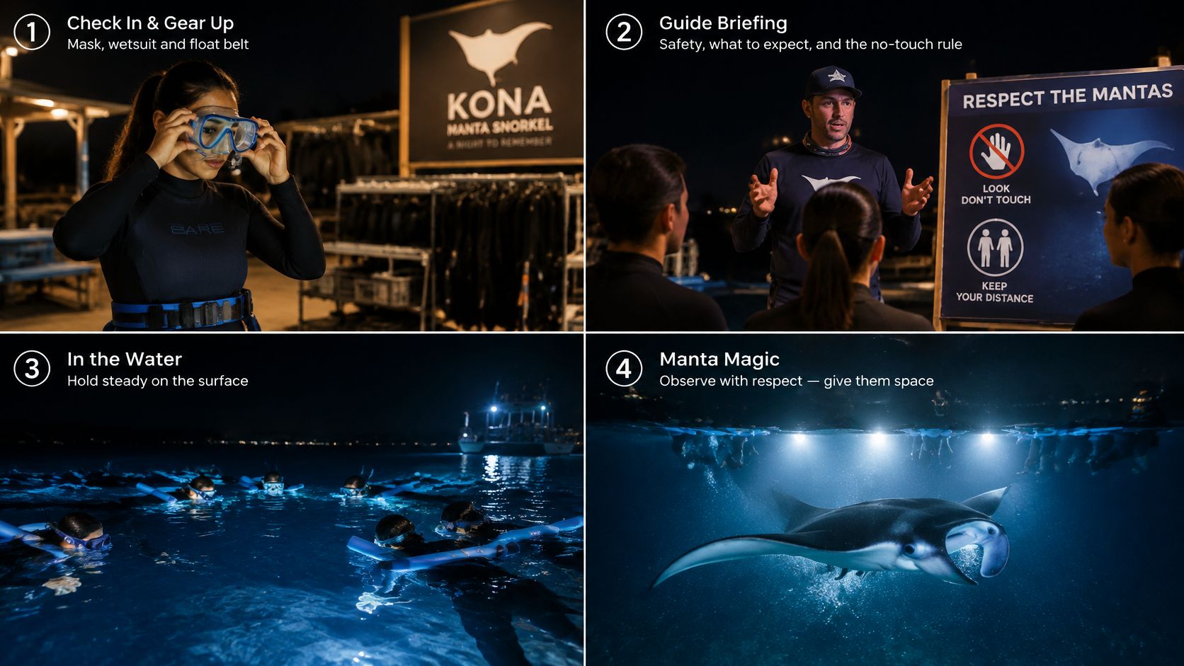 A four-step infographic showing people preparing for and experiencing a night manta ray snorkel on the Big Island.