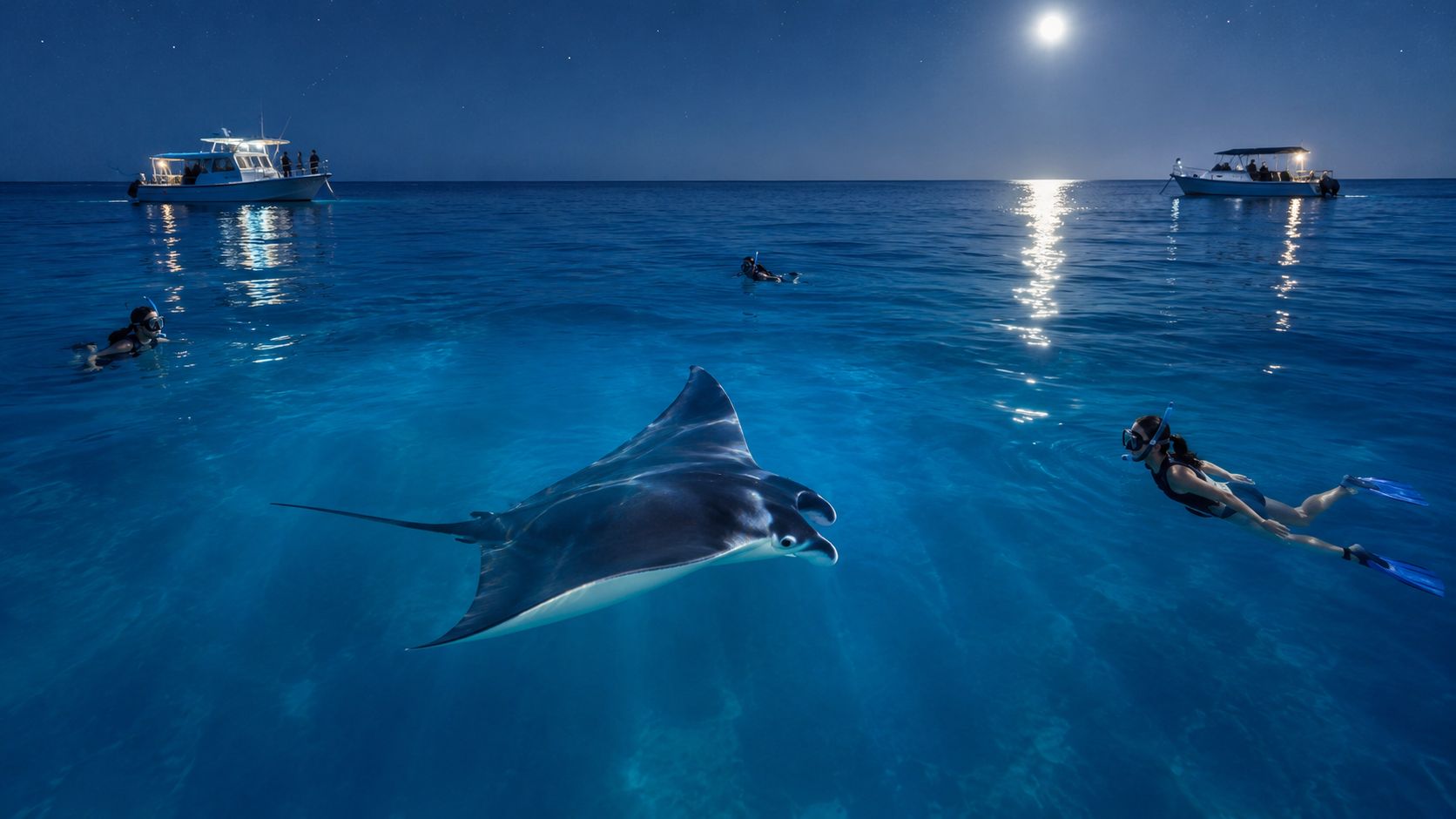 A manta ray swims near snorkelers in the glowing blue ocean under a bright moonlit night sky.