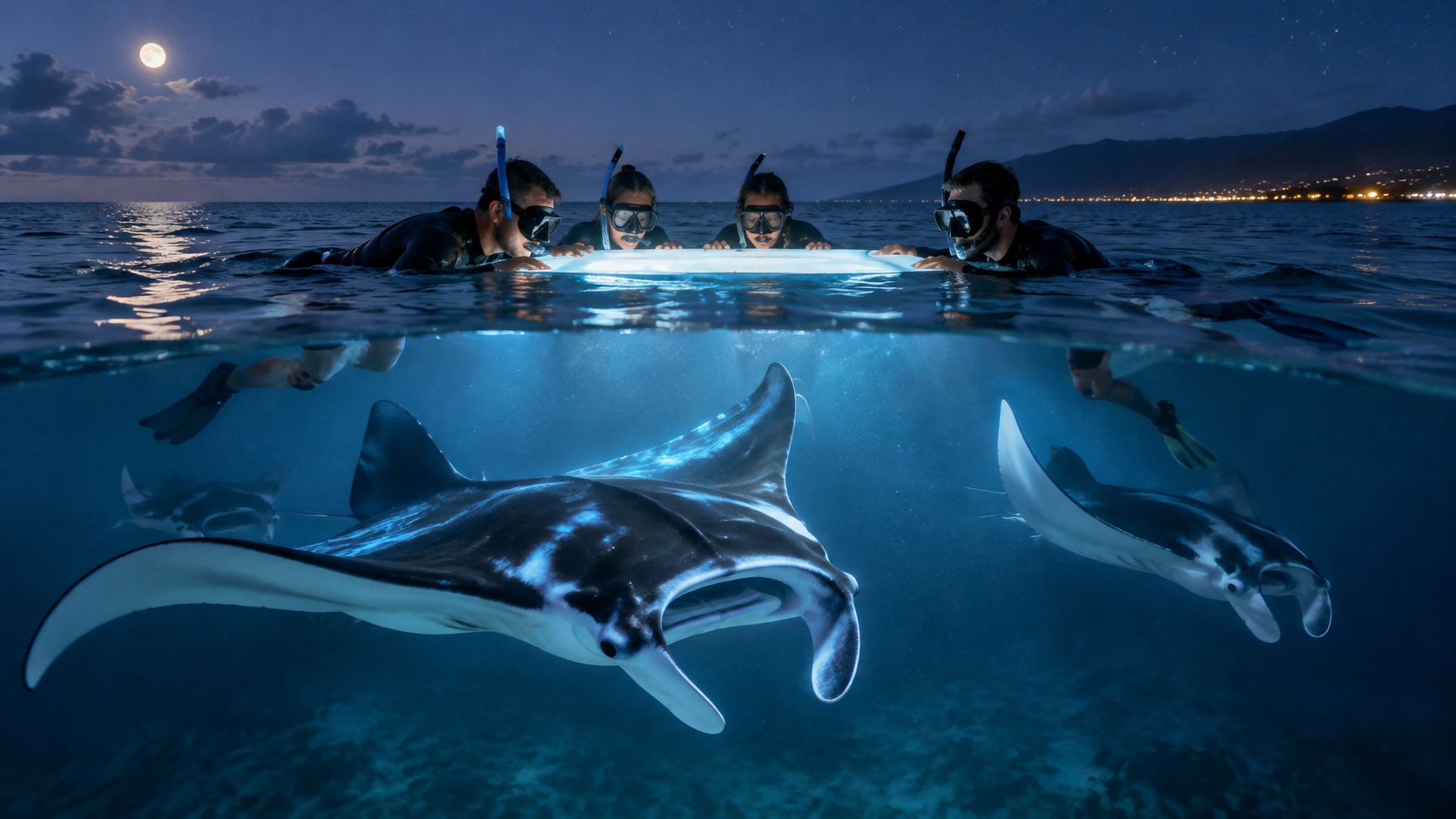 A group of snorkelers observing manta rays under the moonlight during a night dive excursion.