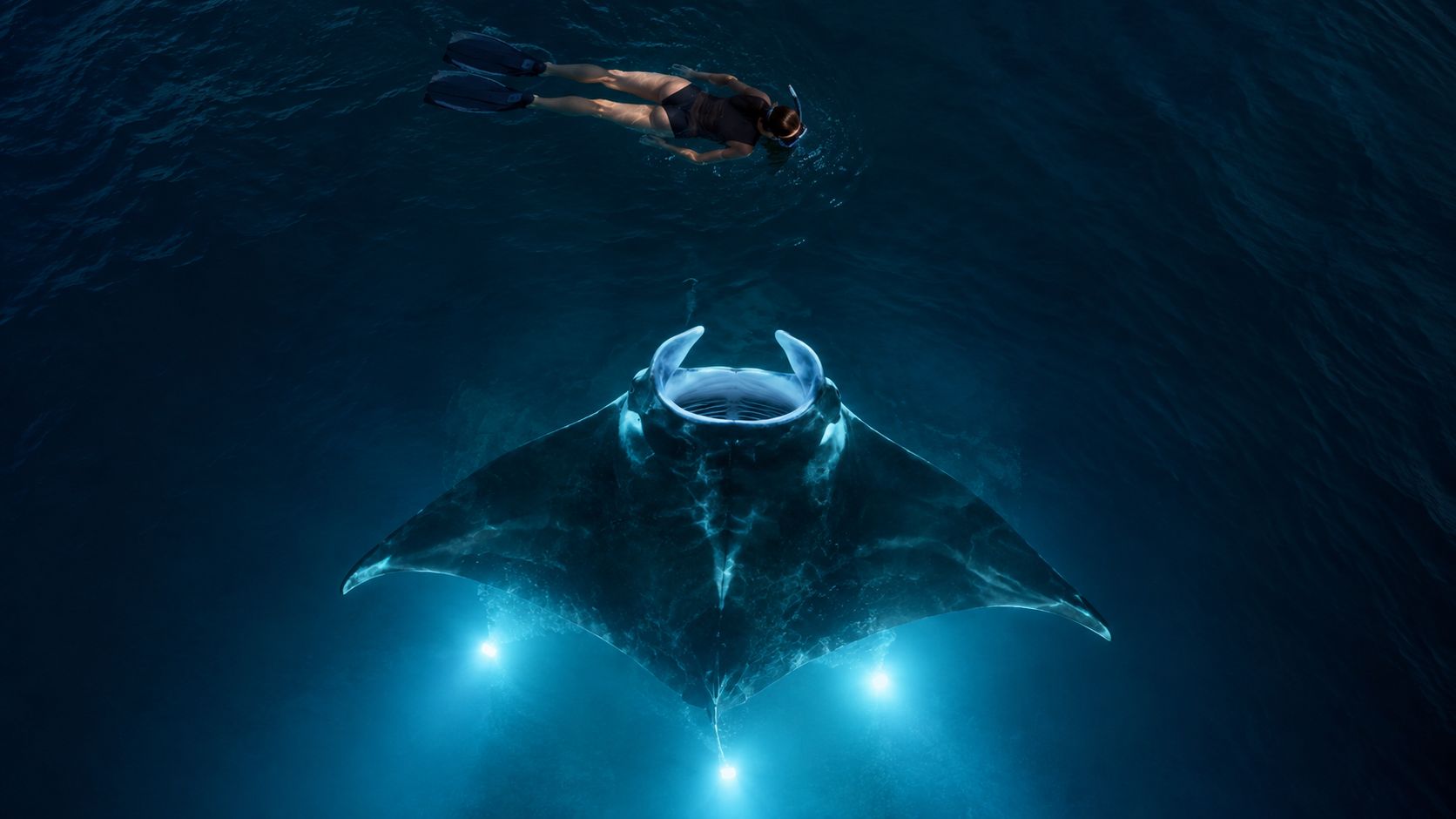 A snorkeler observing a glowing manta ray swimming in deep dark ocean water at night.