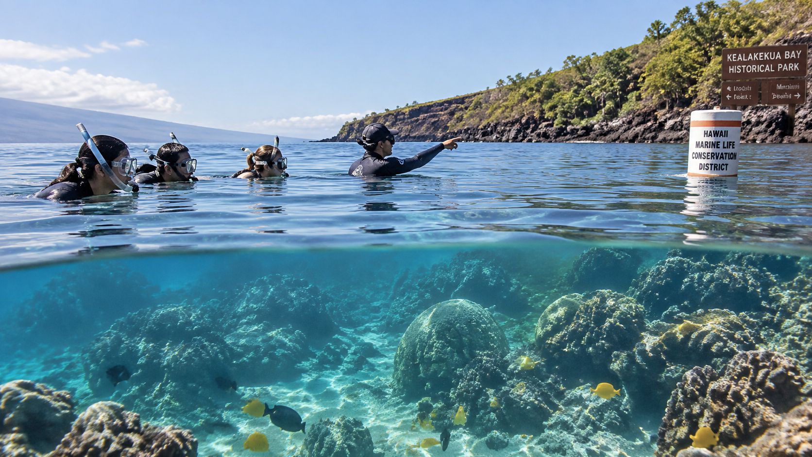 A snorkeling guide points toward a marine conservation sign as tourists swim in clear Hawaiian bay waters.