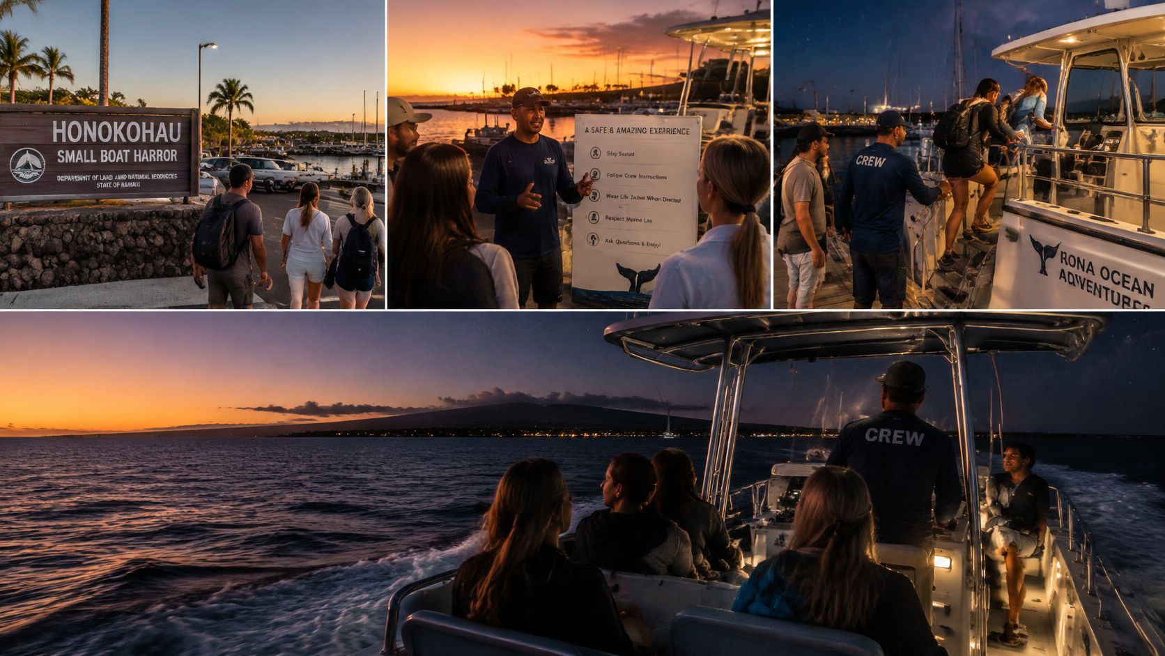 A group of people preparing for and enjoying a sunset boat tour at Honokohau Small Boat Harbor.