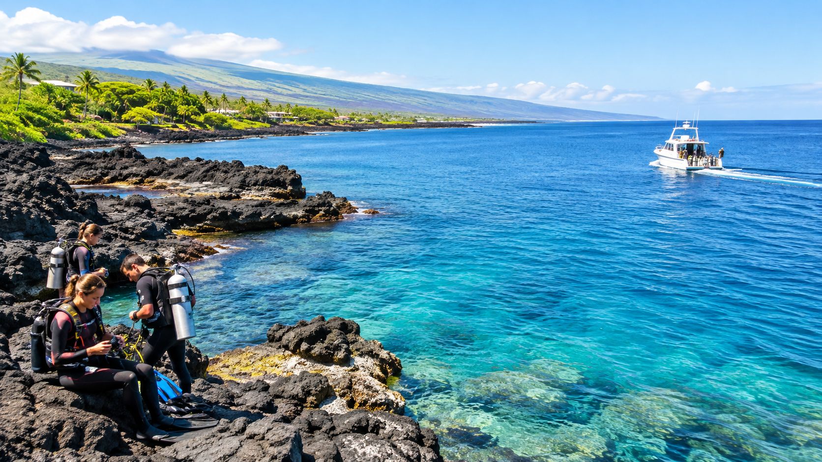 Scuba divers preparing for an underwater excursion on the rocky volcanic coastline of the Big Island, Hawaii.