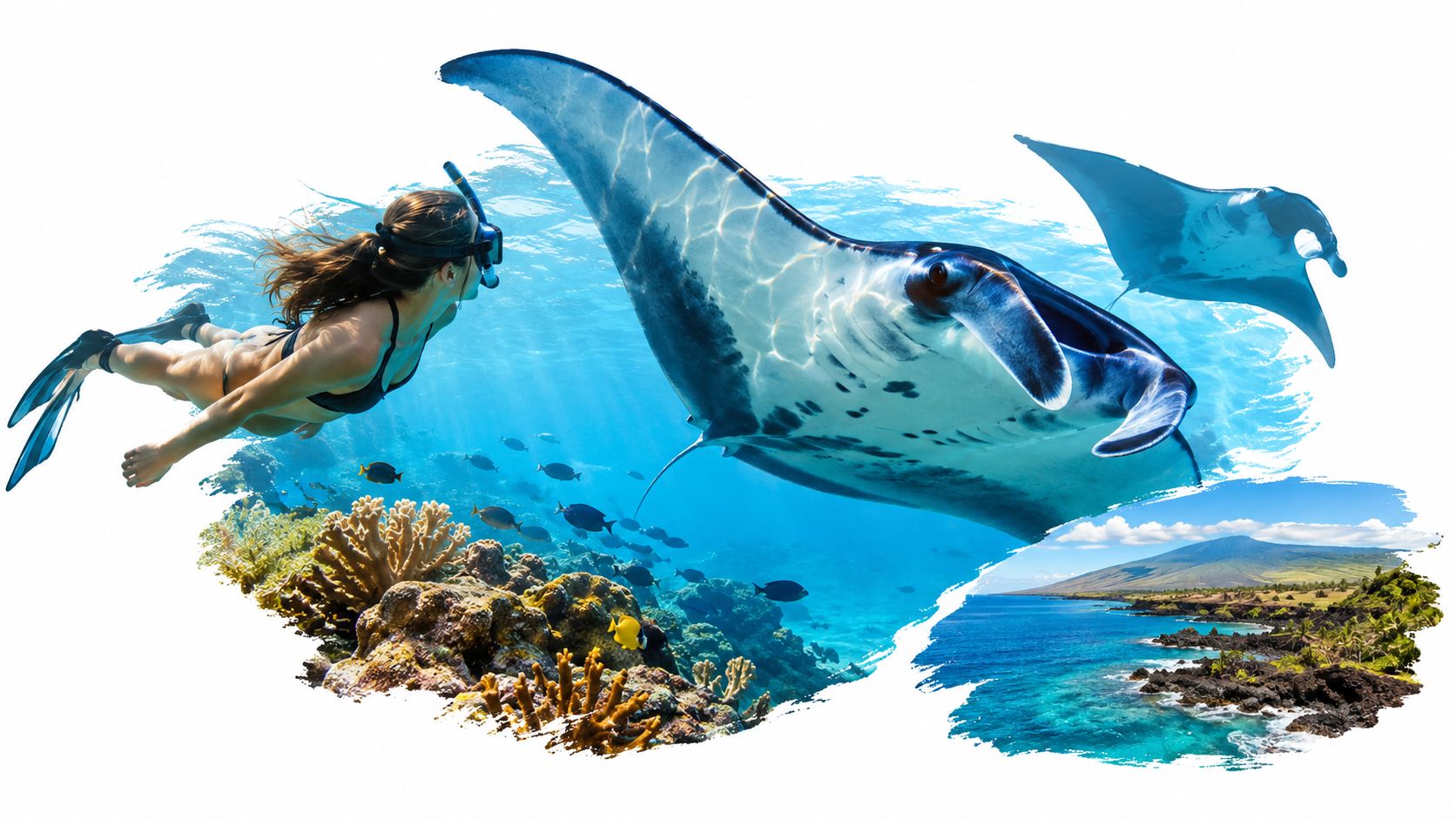 A snorkeler swims underwater alongside a giant manta ray near a colorful coral reef and tropical landscape.