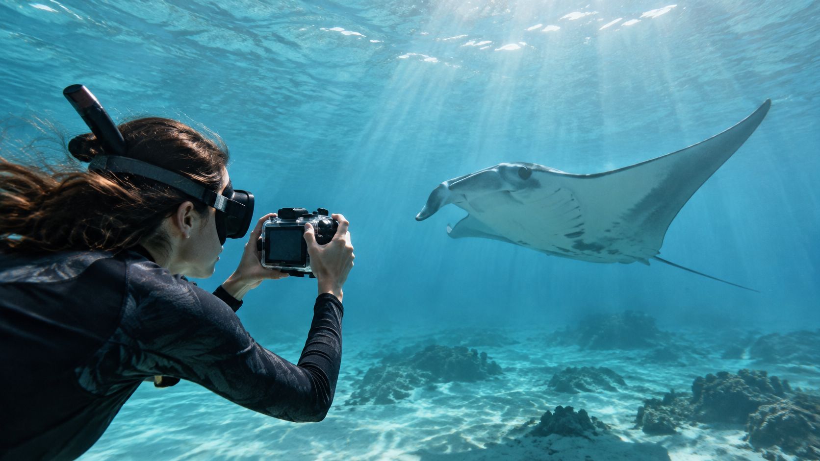 A snorkeler taking a photograph of a majestic manta ray swimming in clear tropical blue ocean waters.