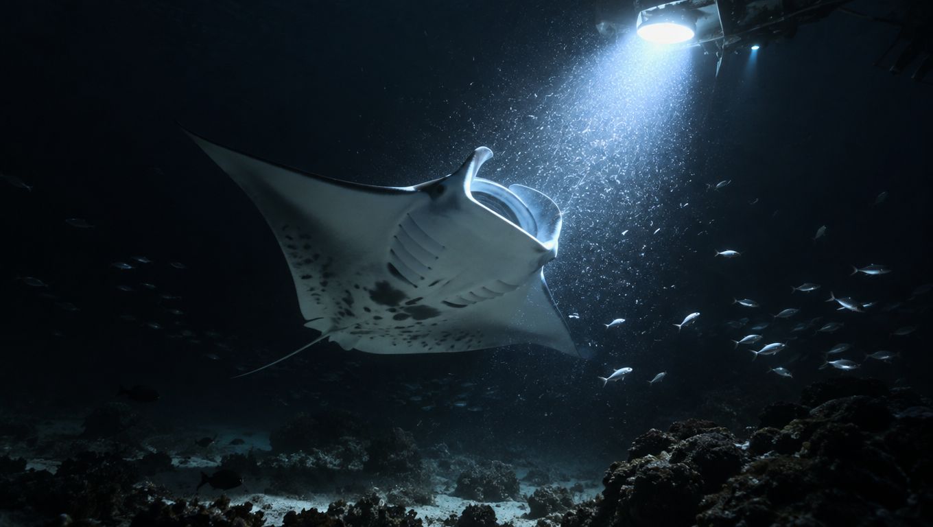 A majestic manta ray swimming gracefully through dark ocean waters illuminated by a bright underwater spotlight.