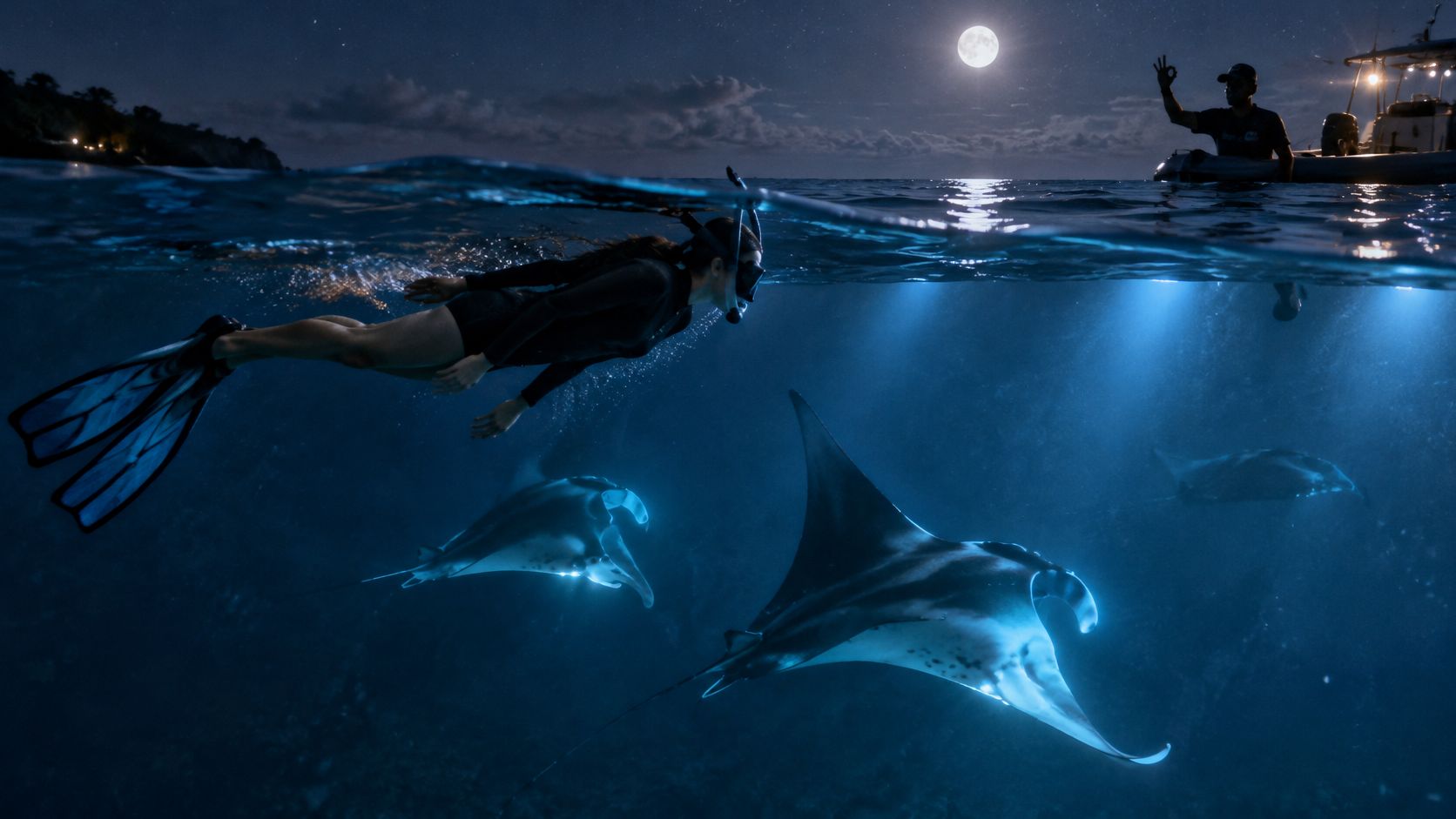 A snorkeler swims near glowing manta rays in the ocean under a bright full moon at night.