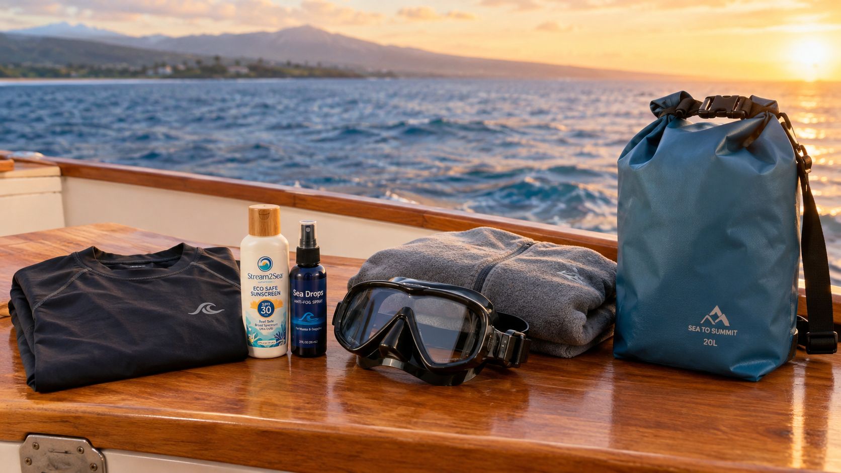 Outdoor gear for snorkeling laid out on a boat deck with a sunset ocean background.