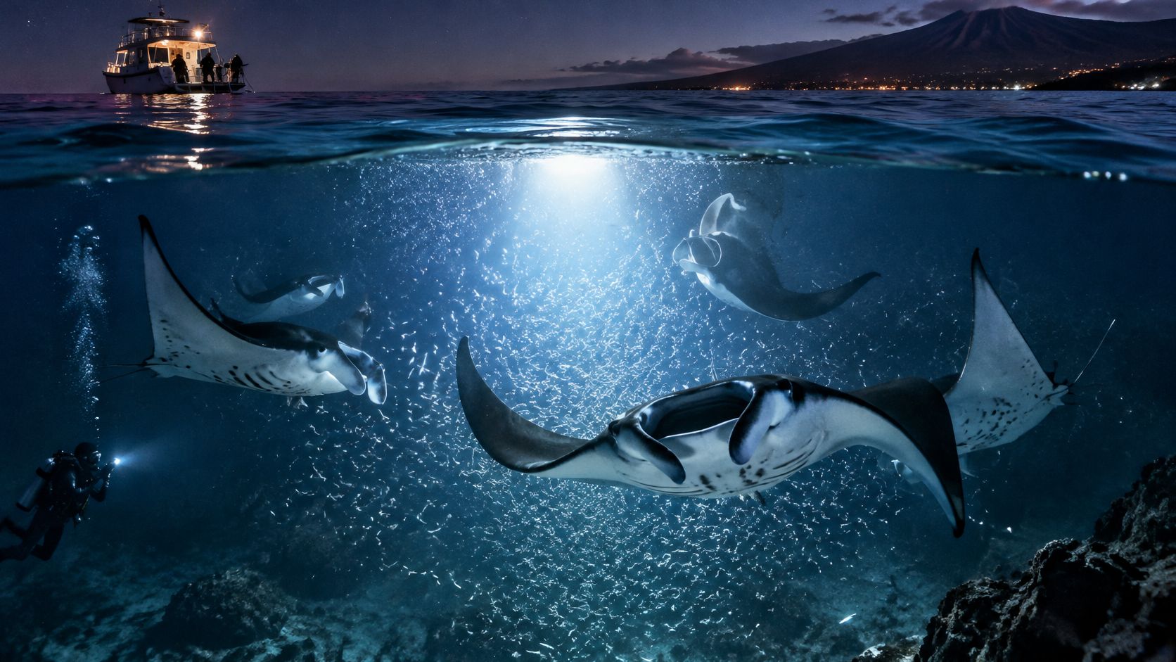 Scuba divers watch majestic manta rays feeding in the ocean at night near a boat in Kona.
