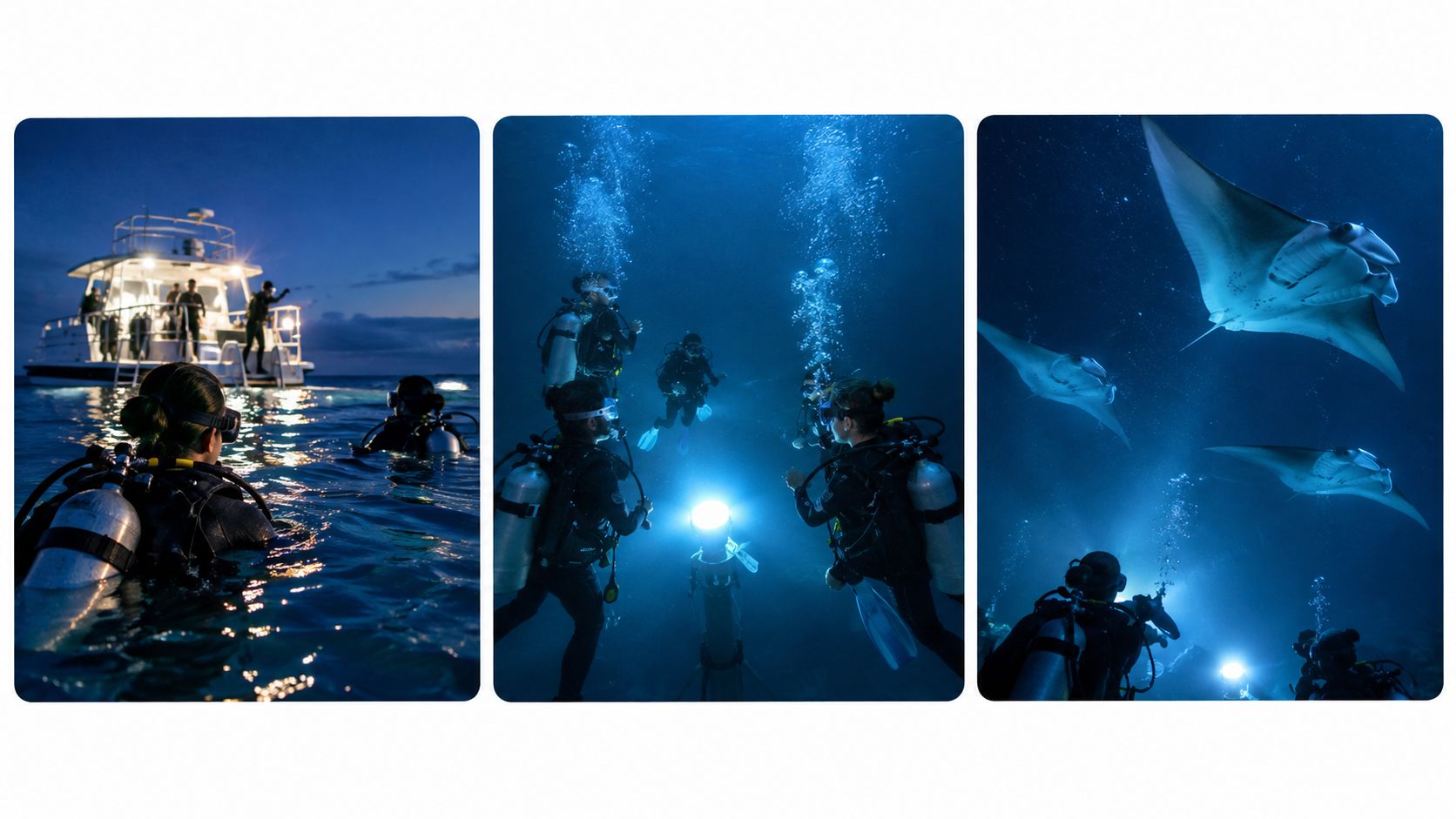 Scuba divers preparing for and performing a night dive to observe manta rays in the dark ocean.