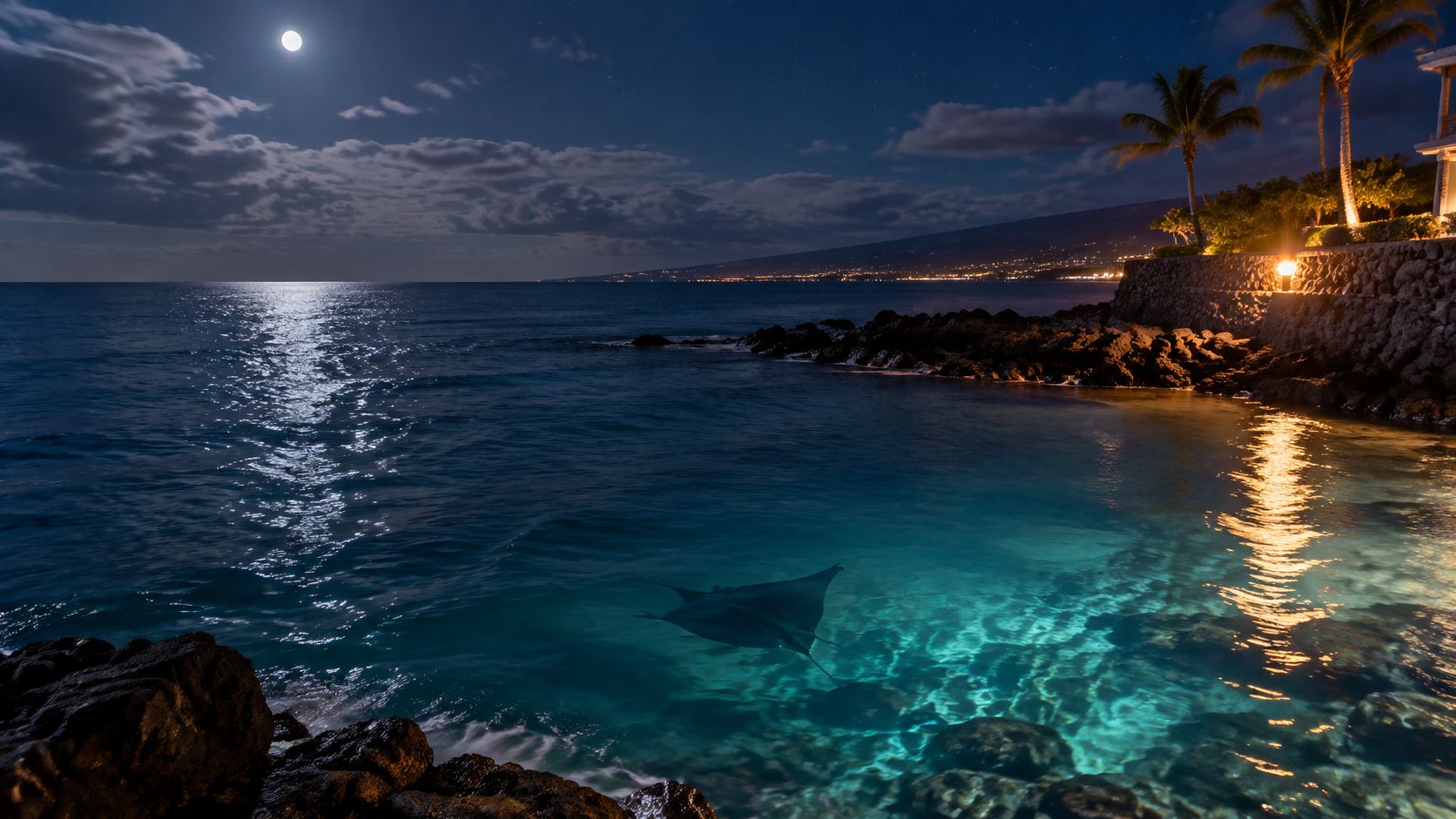 A majestic manta ray swims through glowing turquoise ocean water at night under a bright full moon.
