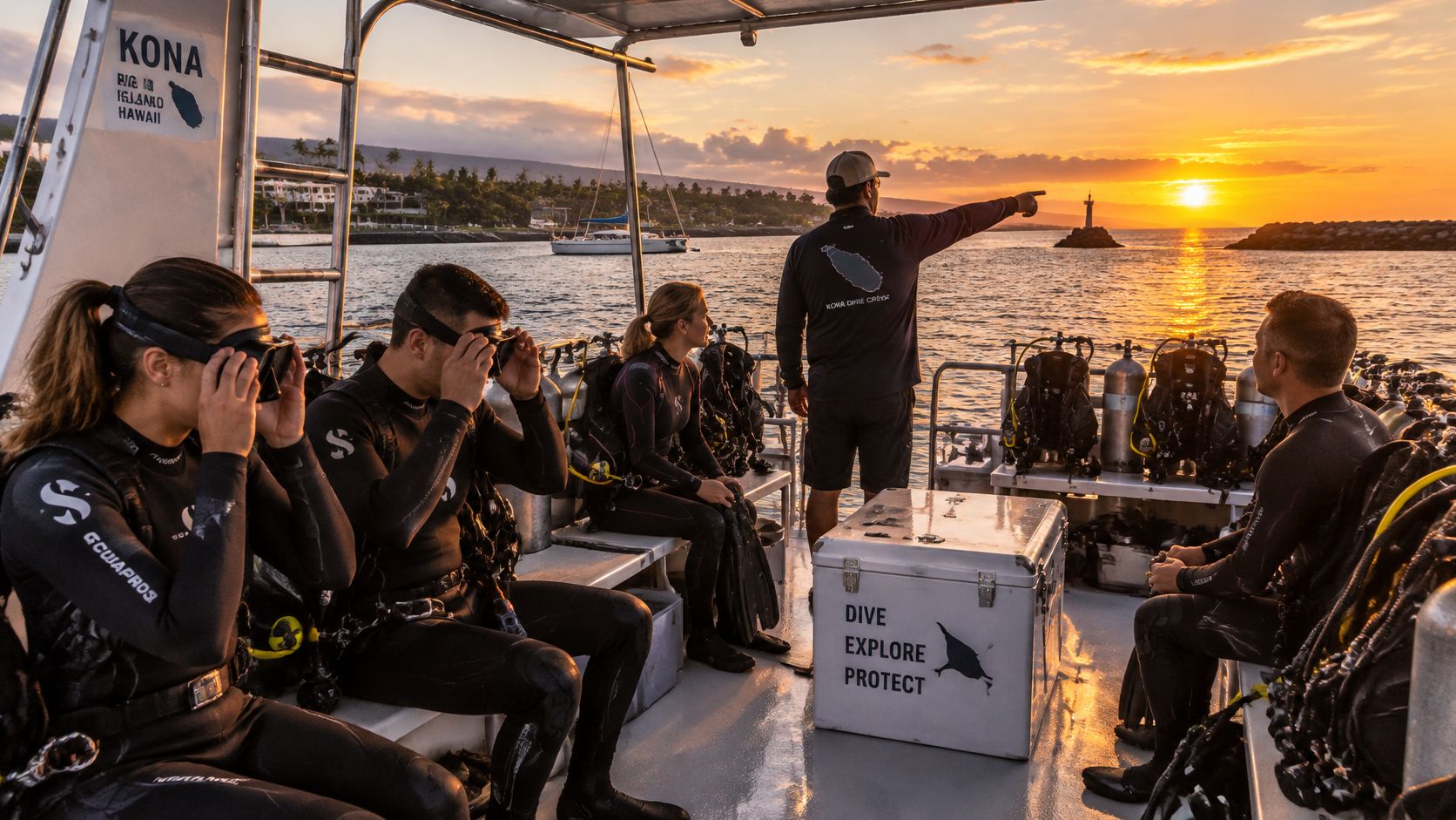 A group of scuba divers on a boat in Kona, Hawaii watching the sunset before a dive.