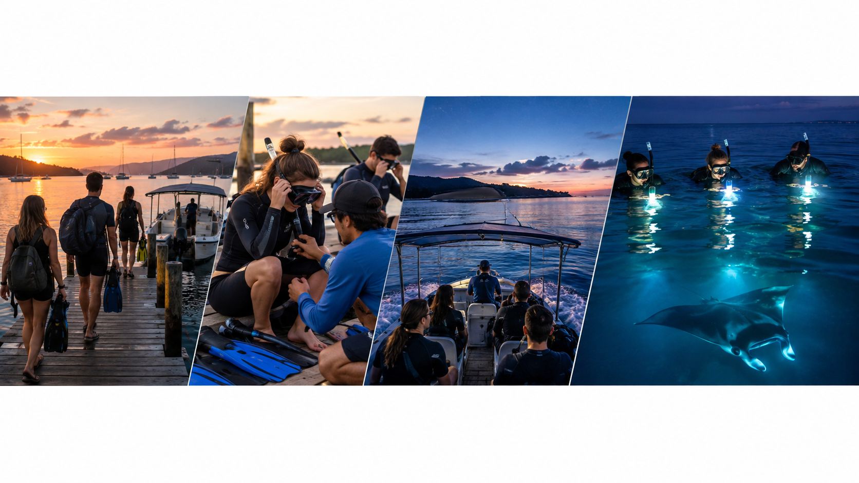A collage showing people preparing for a sunset snorkeling trip and night snorkeling with manta rays.