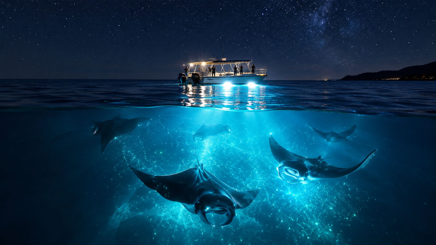 A split-view shot of a boat on starry water above manta rays swimming in glowing blue water.