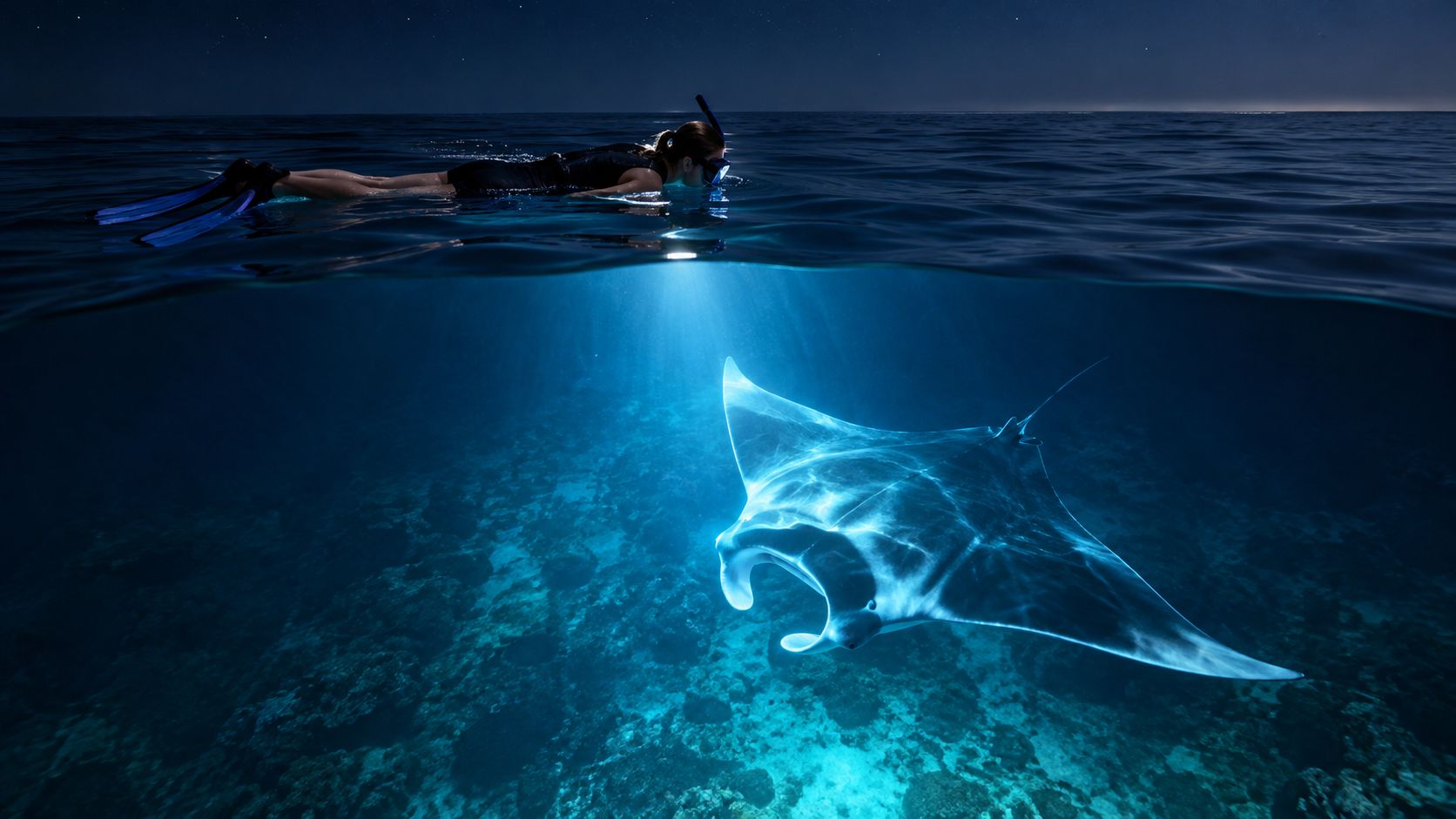 A snorkeler observing a glowing manta ray swimming through deep blue ocean waters during the night