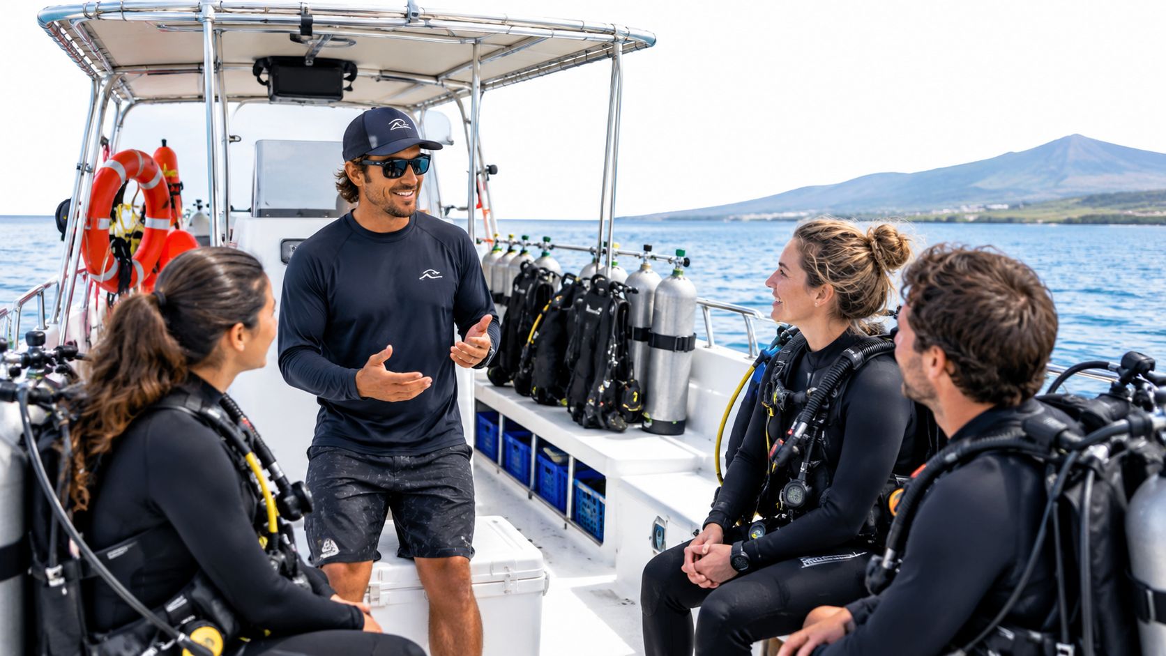 A professional dive instructor giving a safety briefing to his students on a scuba diving boat.