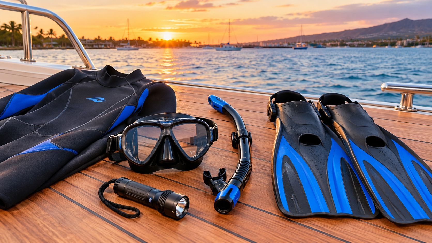 Snorkeling and scuba gear including a wetsuit, mask, snorkel, and fins laid out on a boat deck at sunset.