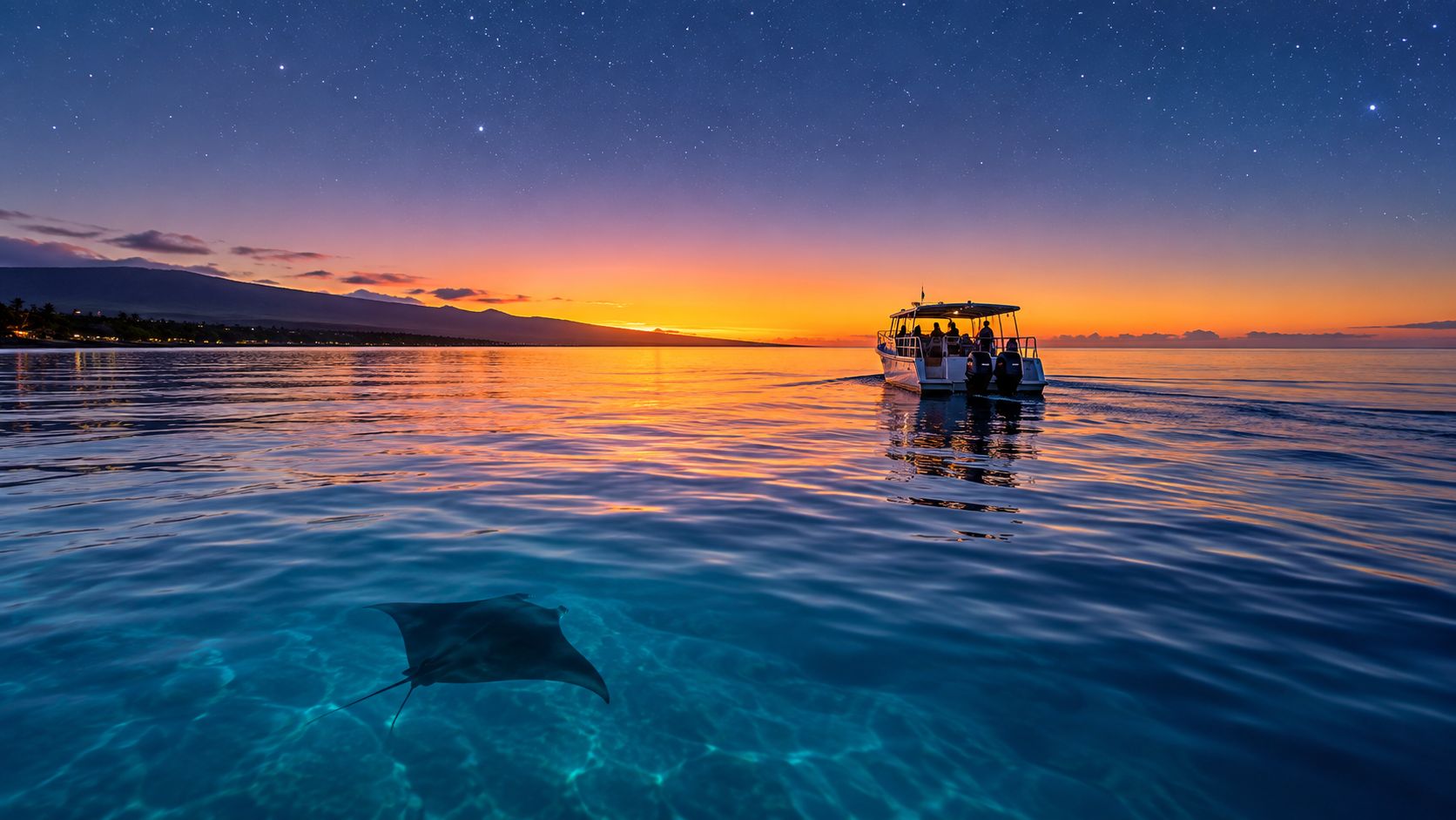 A manta ray swims in clear blue water at sunset near a boat full of snorkelers.