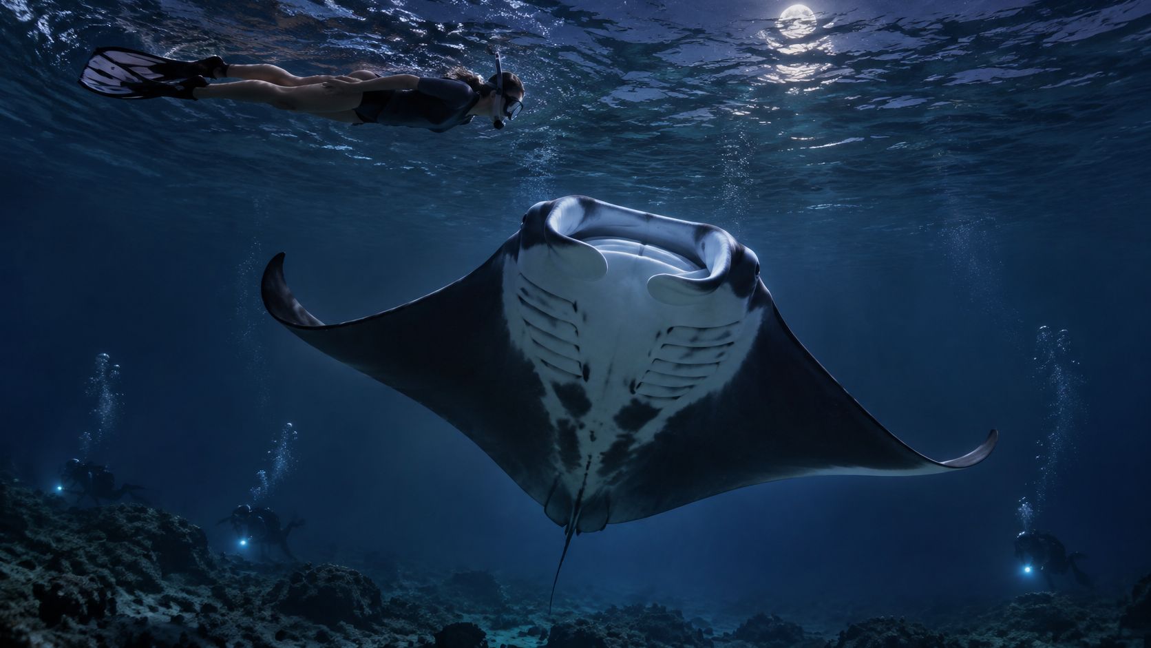 A person snorkeling near a large manta ray in the deep blue ocean at night under moonlight.