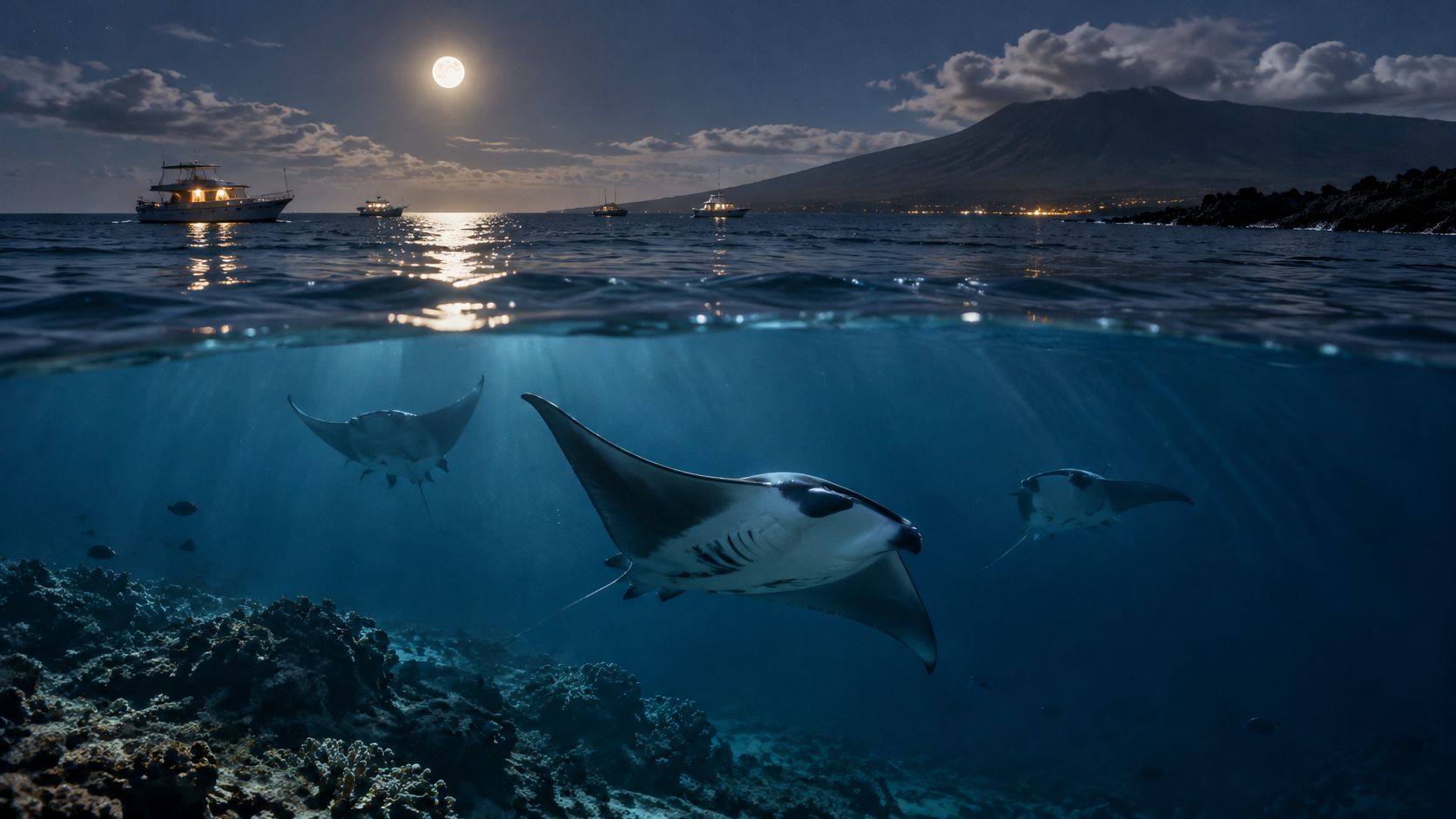 Three manta rays swimming underwater near a coral reef with boats and a full moon above.