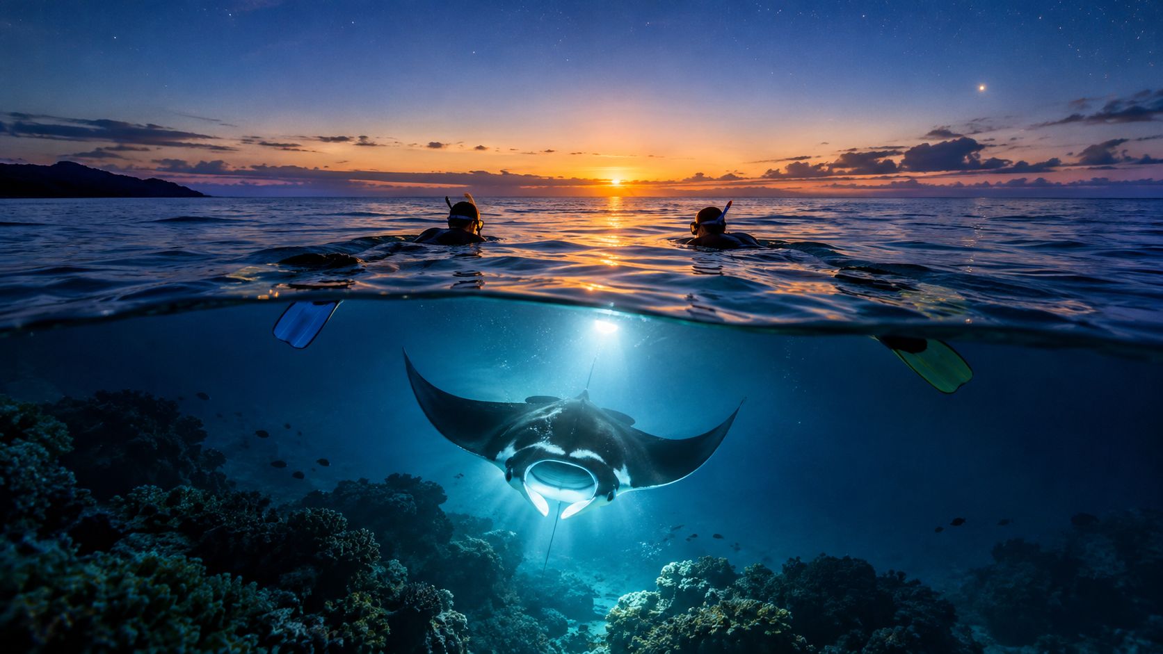 Two snorkelers swimming above a majestic manta ray in crystal clear blue tropical ocean at sunset