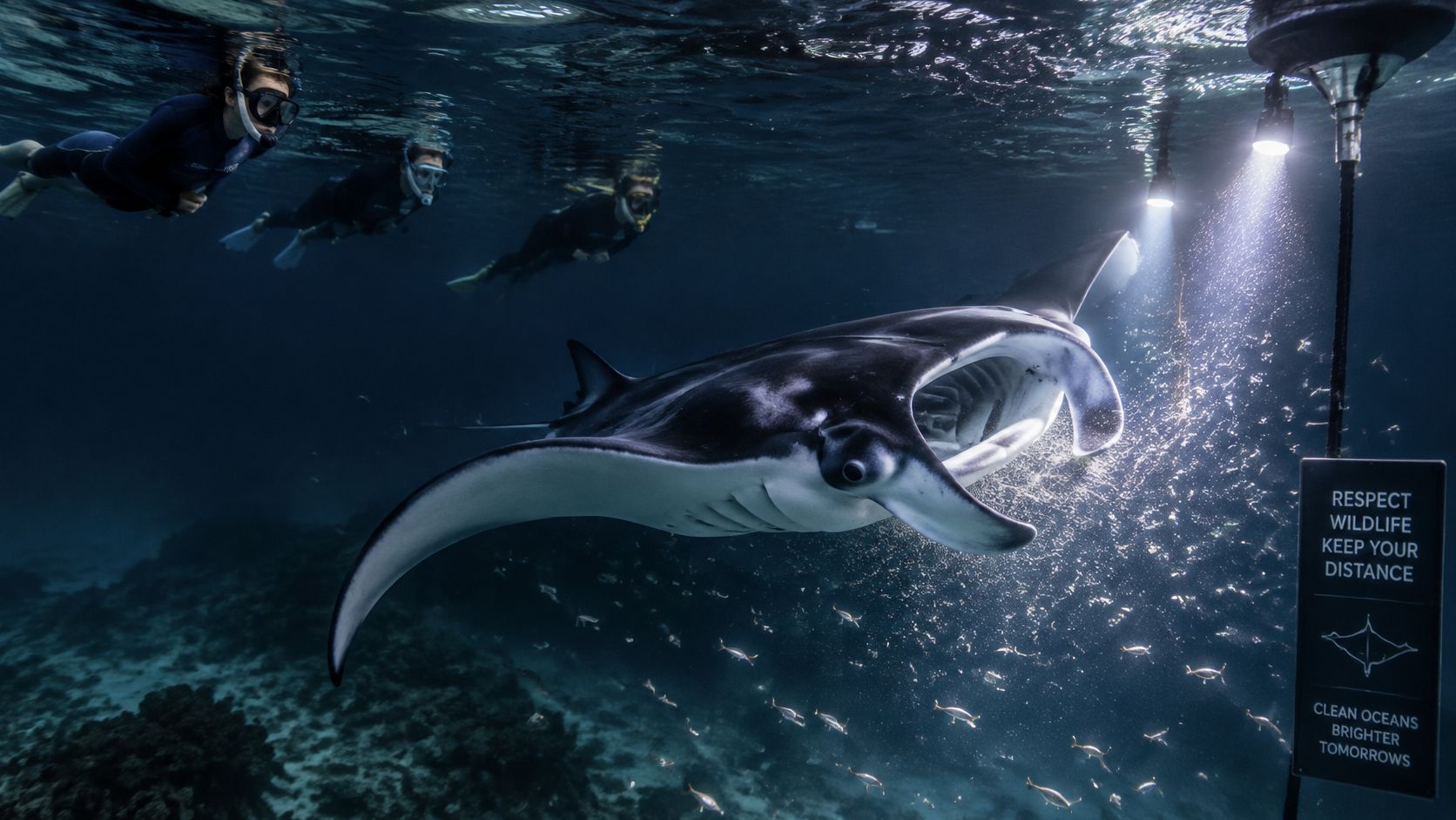 Snorkelers observing a manta ray illuminated by underwater lights near a wildlife protection sign in darkness.