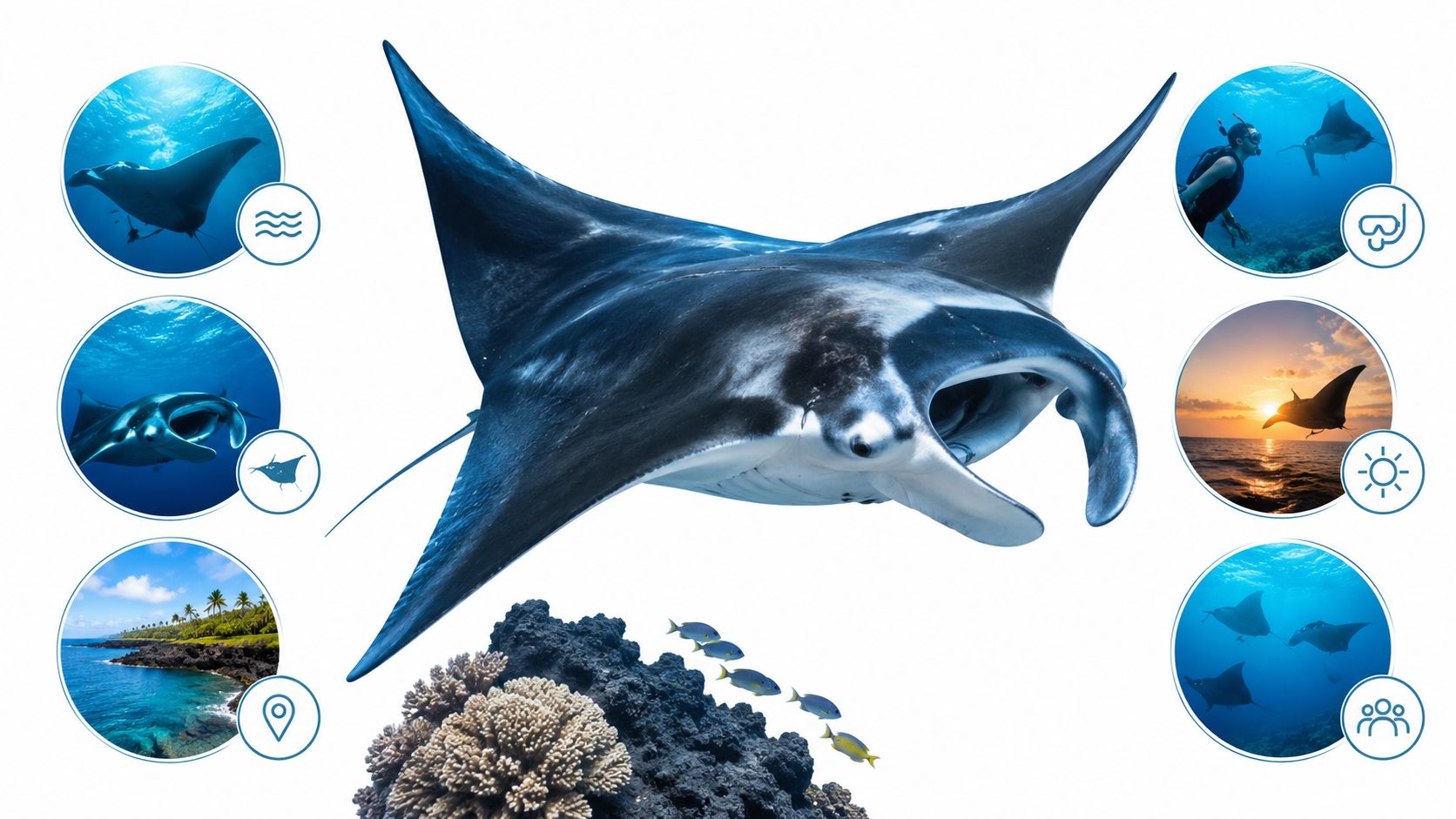 A large manta ray swimming over coral reefs with various circular inset images showing snorkeling and ocean scenery.