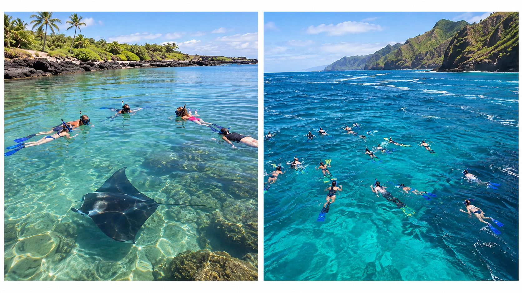 A split image showing tourists snorkeling with a large manta ray and exploring deep tropical ocean waters.