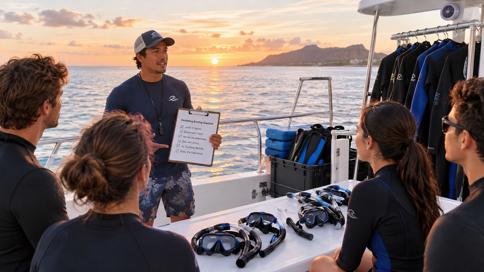 A snorkel instructor gives a safety briefing to a group on a boat at sunset in Hawaii.