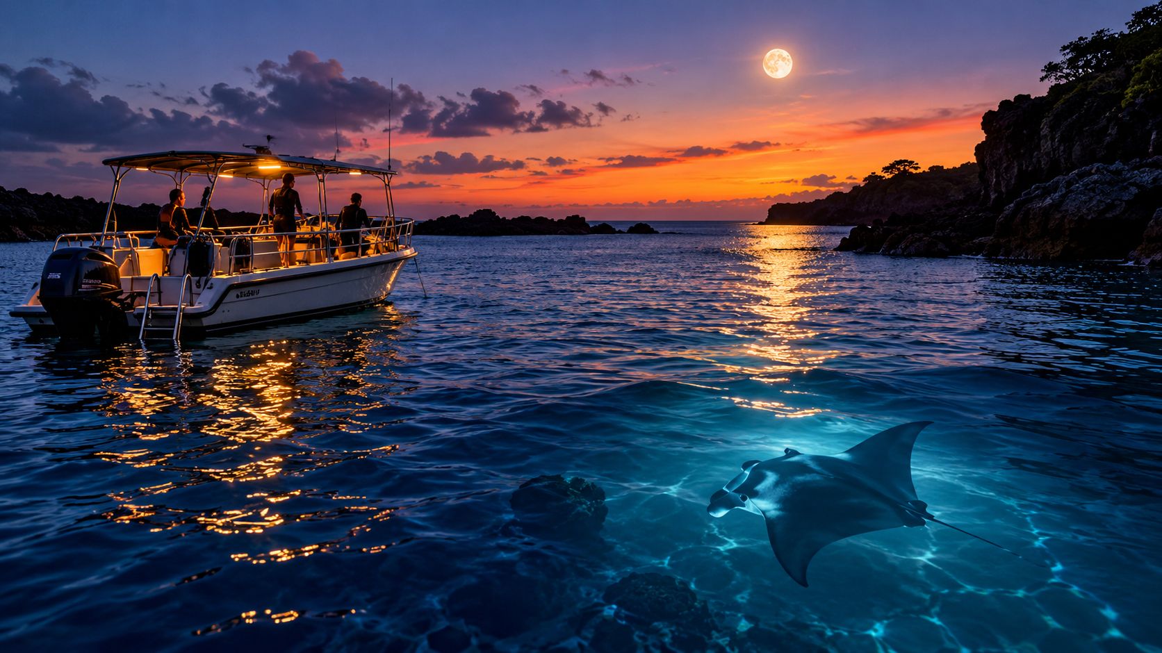 A manta ray glows beneath the water surface near a tour boat at sunset under a moon.