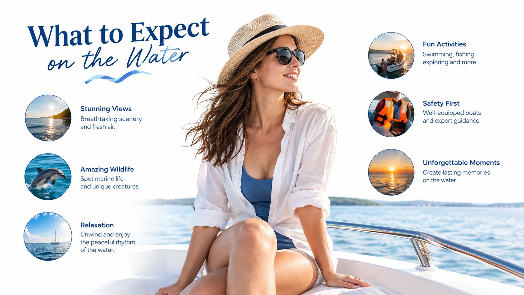A woman wearing a hat and sunglasses relaxing on a boat during a sunny day at sea.