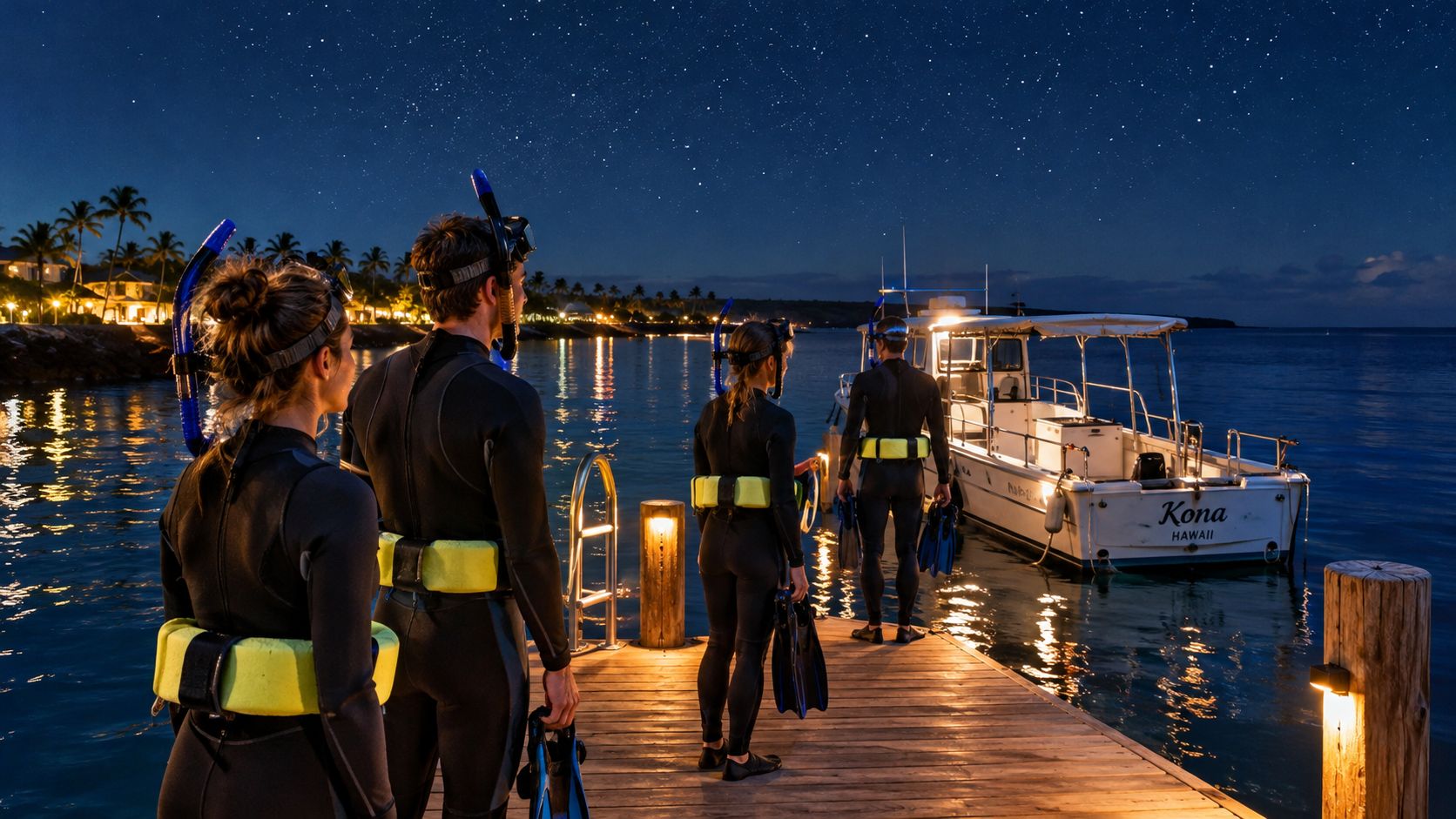 A group of snorkelers in wetsuits standing on a wooden pier at night near a Kona Hawaii boat.