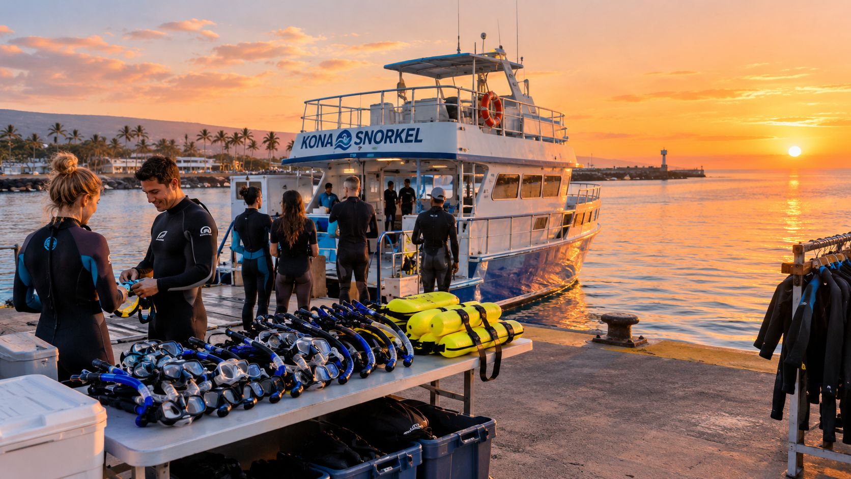 A group of snorkelers prepares for a manta ray snorkel tour in Kona on the Big Island.