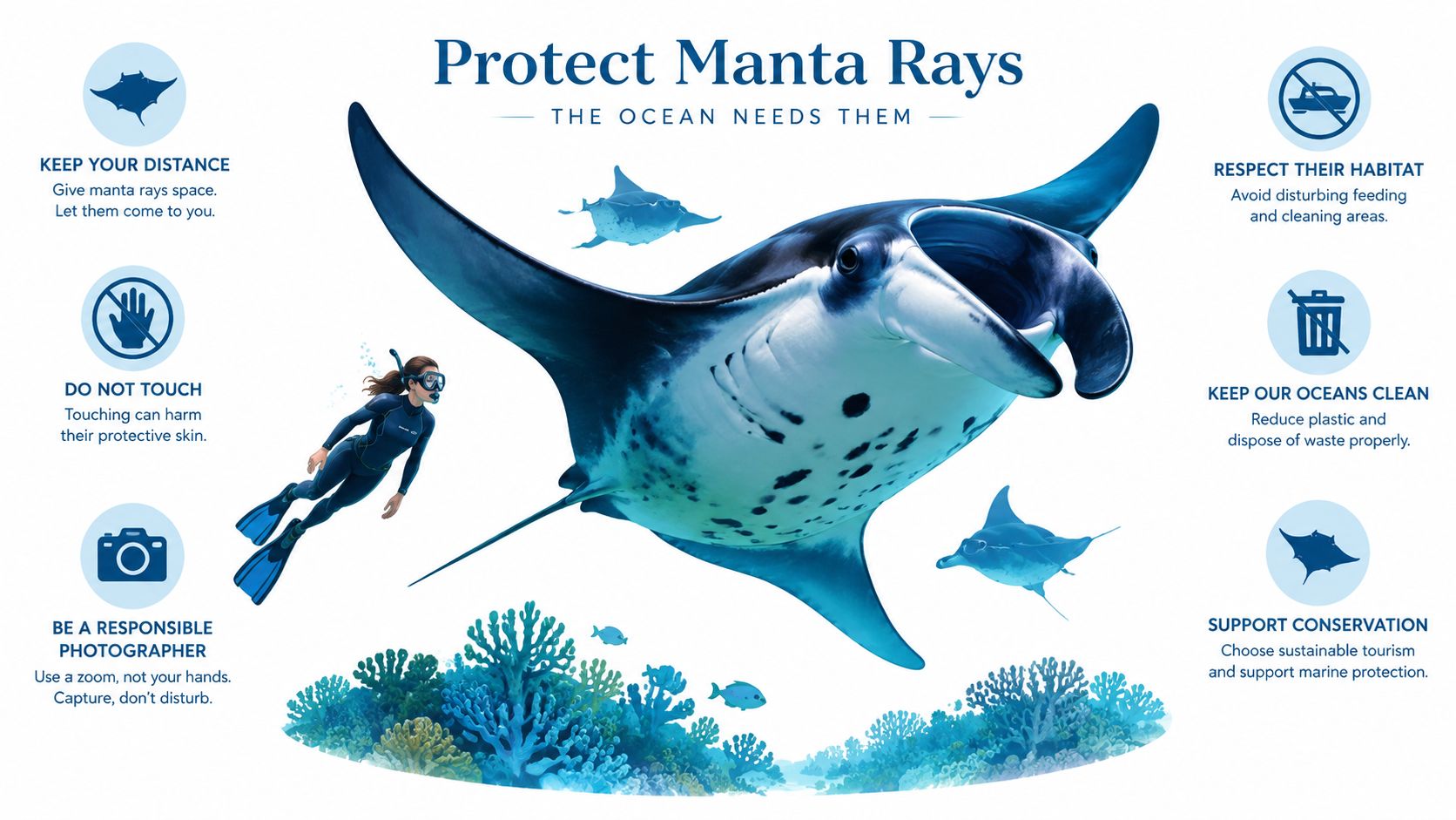An educational infographic about manta rays, illustrating guidelines for responsible human interaction and ocean conservation practices.